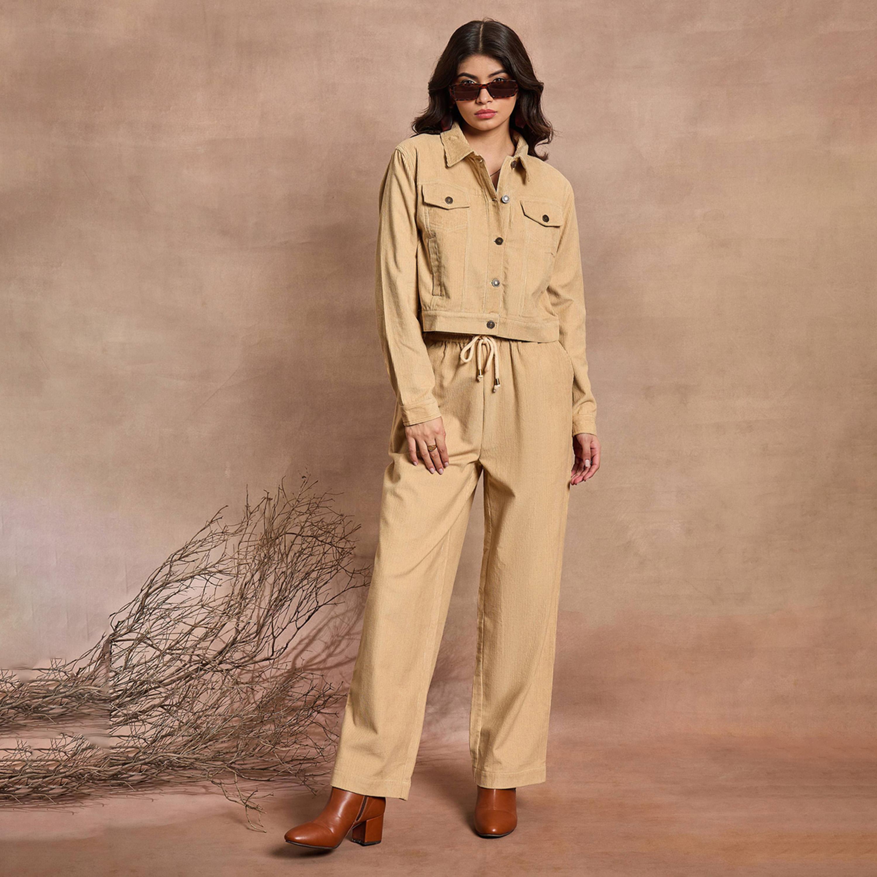Sassafras X Styli Beige Corduroy Full Sleeve Jacket-women-winterwear-coatsandjackets-jackets-image-7