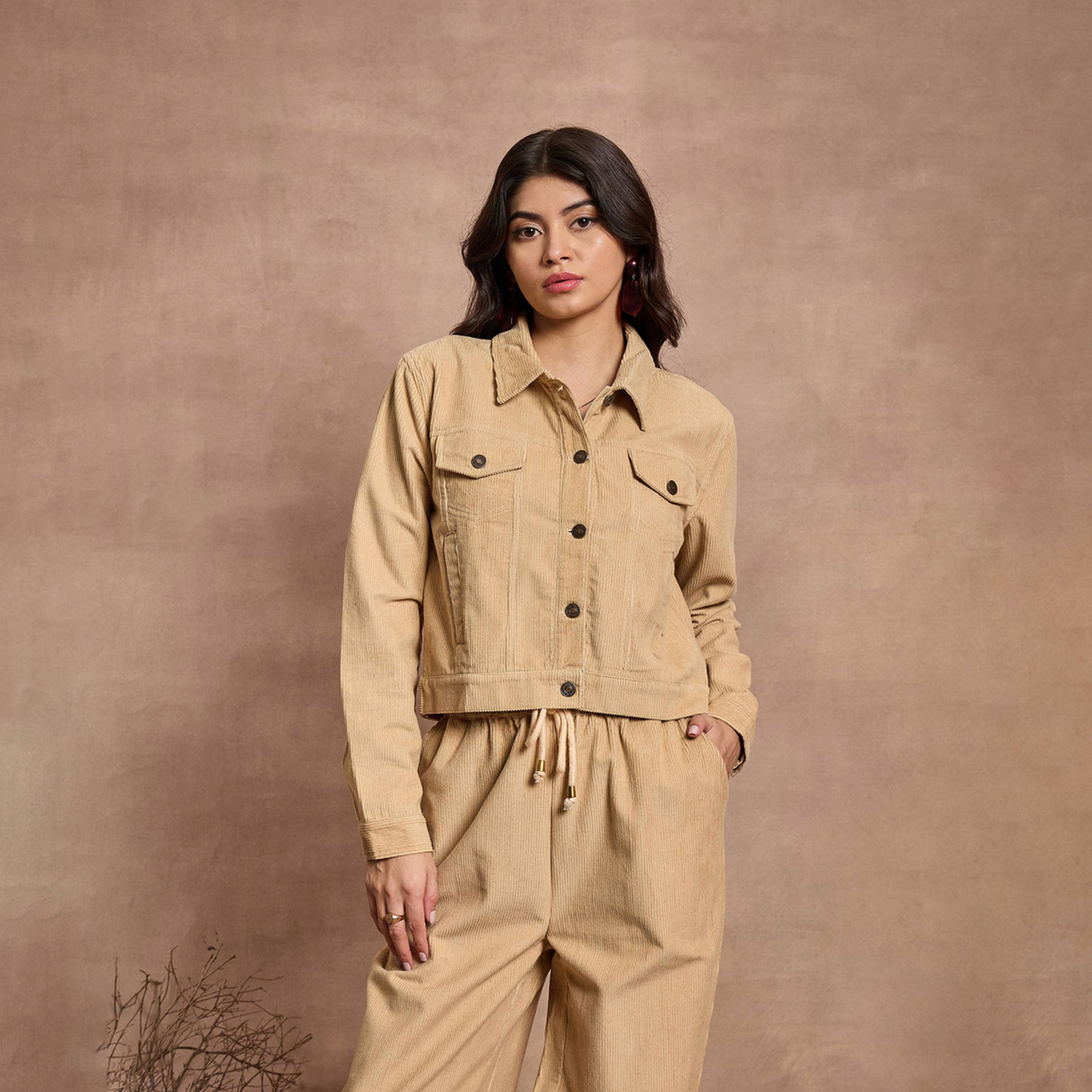Sassafras X Styli Beige Corduroy Full Sleeve Jacket-women-winterwear-coatsandjackets-jackets-image-8