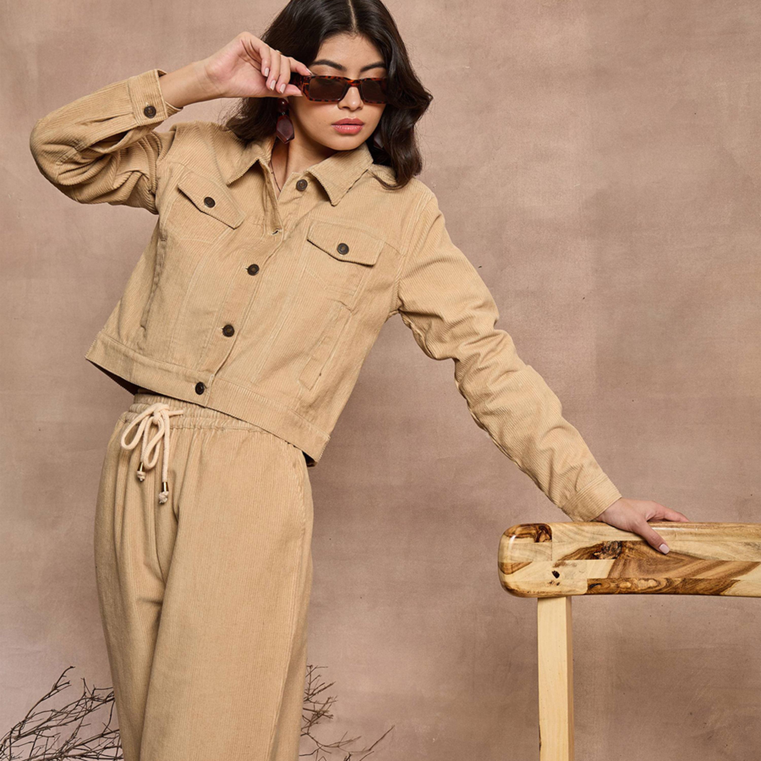 Sassafras X Styli Beige Corduroy Full Sleeve Jacket-women-winterwear-coatsandjackets-jackets-image-9