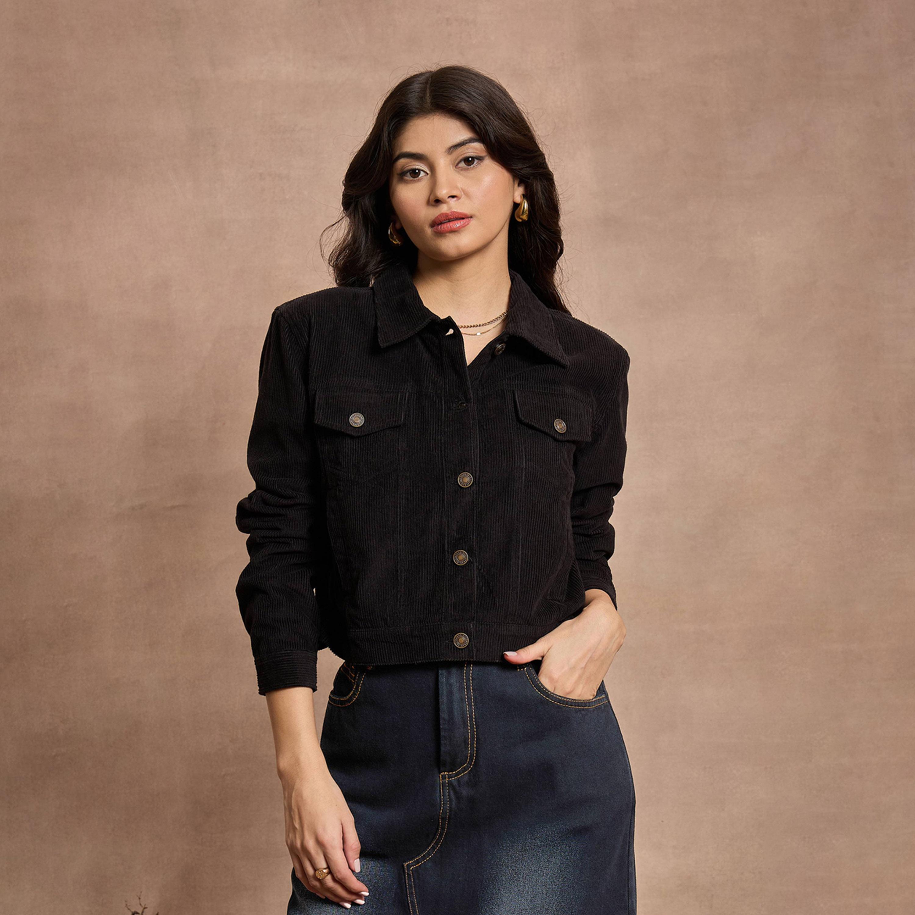 ساسافراس × ستايلي - جاكيت بأكمام كاملة من قماش كوردروي - أسود-women-winterwear-coatsandjackets-jackets-image-1