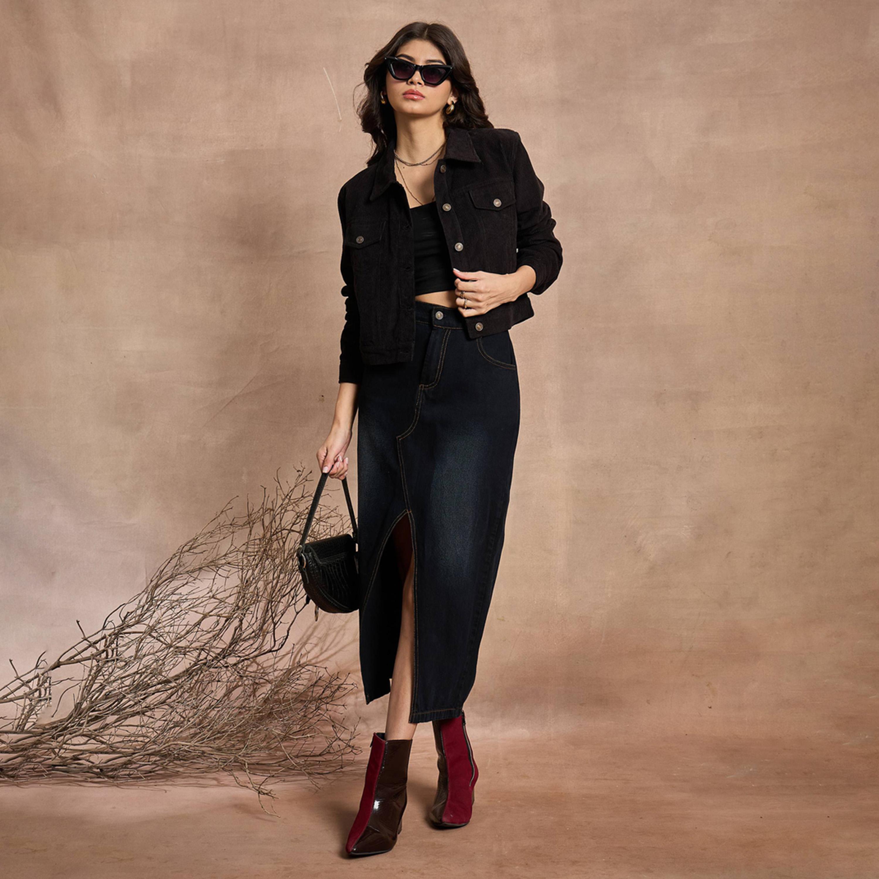 ساسافراس × ستايلي - جاكيت بأكمام كاملة من قماش كوردروي - أسود-women-winterwear-coatsandjackets-jackets-image-2