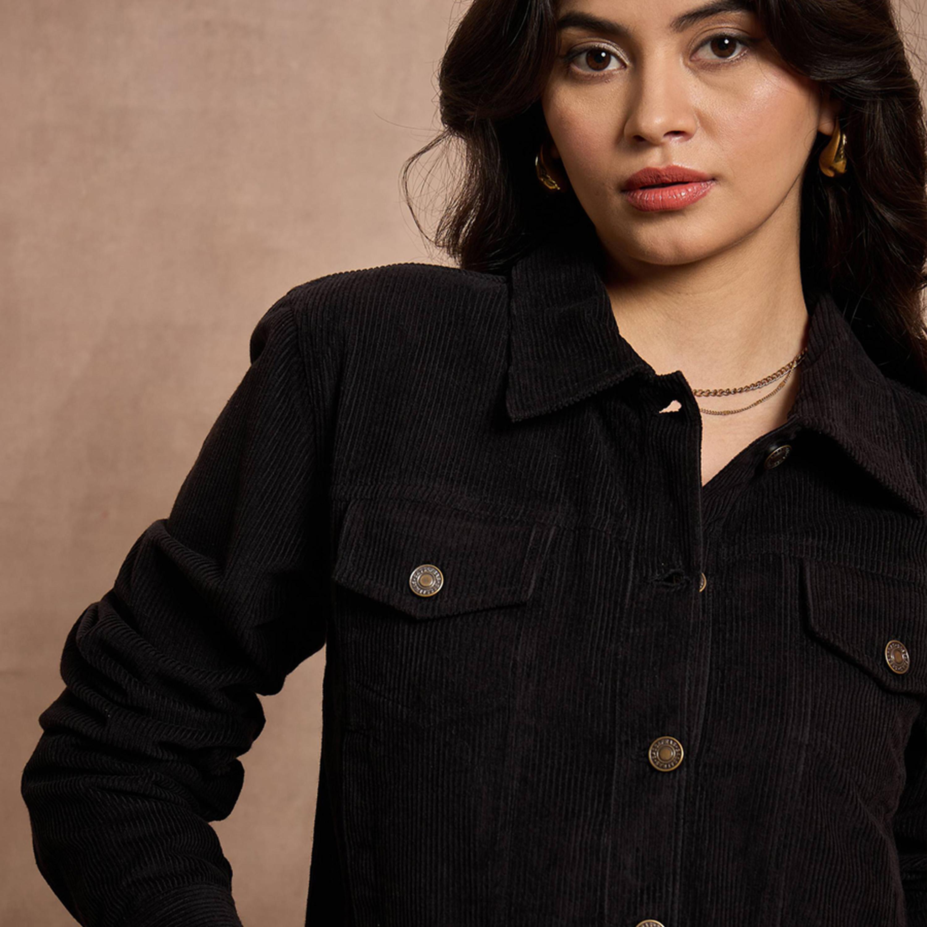 ساسافراس × ستايلي - جاكيت بأكمام كاملة من قماش كوردروي - أسود-women-winterwear-coatsandjackets-jackets-image-4