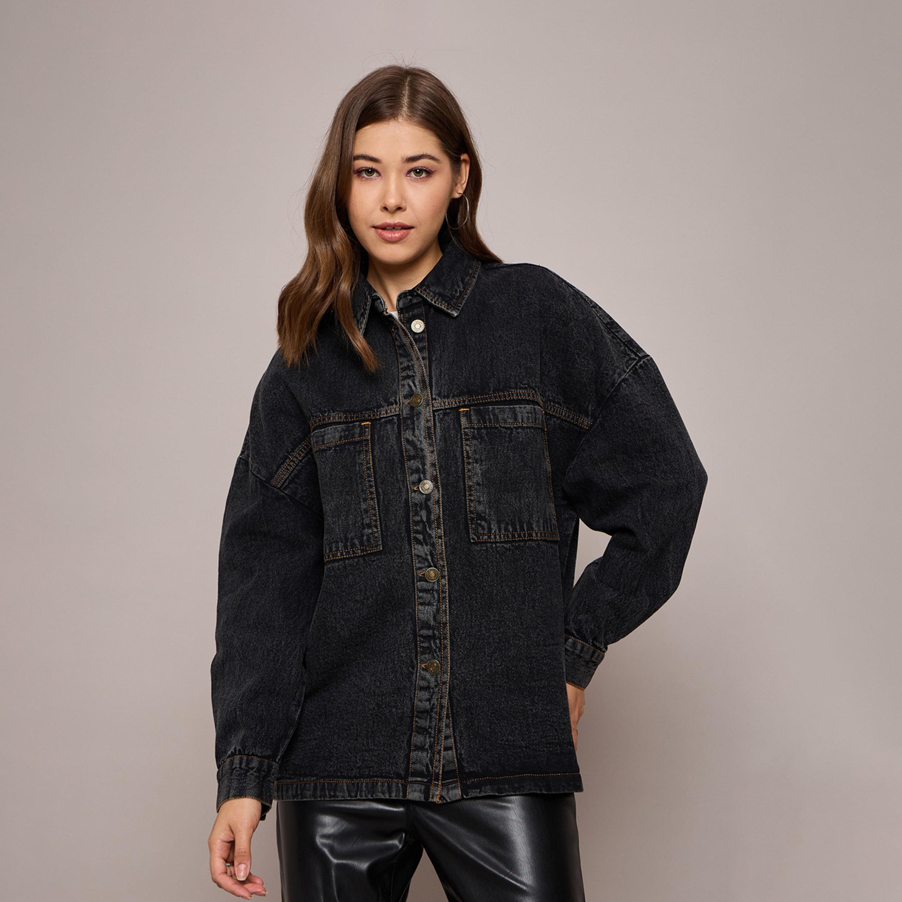 ساسافراس × ستايلي - جاكيت جينز كبير الحجم مع جيوب-women-winterwear-coatsandjackets-jackets-image-1
