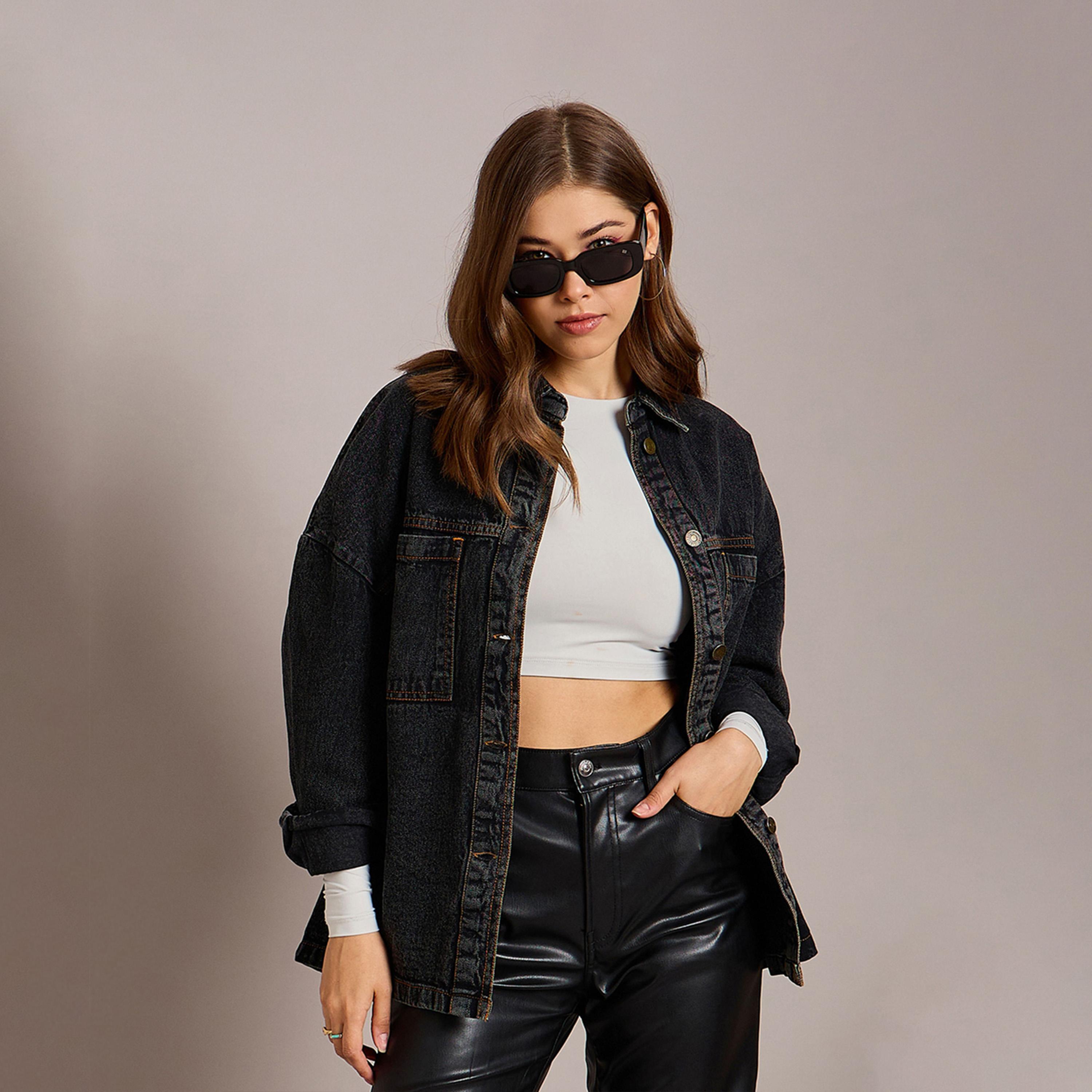 Sassafras X Styli Oversized Denim Jacket with Pockets-women-winterwear-coatsandjackets-jackets-image-2