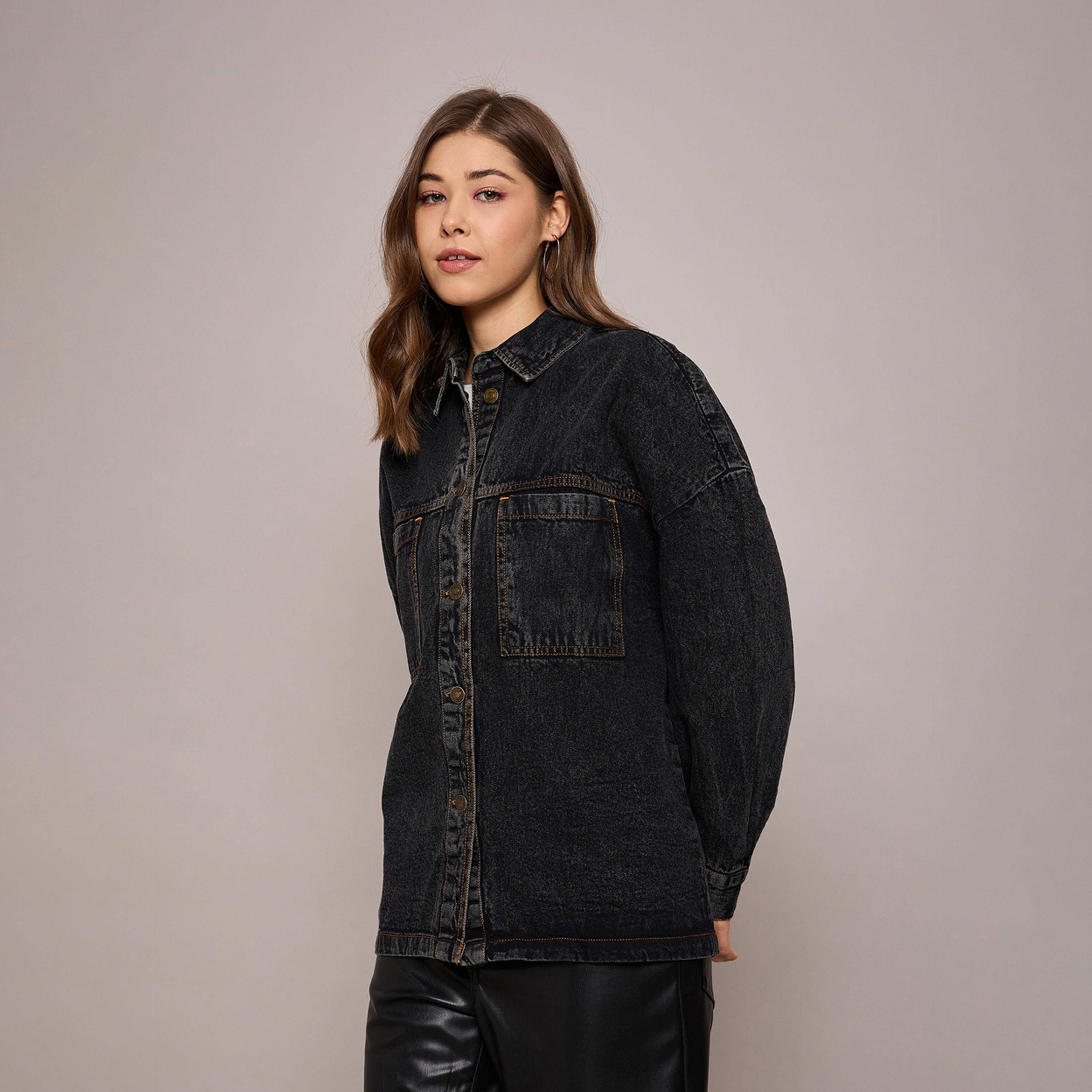 Sassafras X Styli Oversized Denim Jacket with Pockets-women-winterwear-coatsandjackets-jackets-image-3