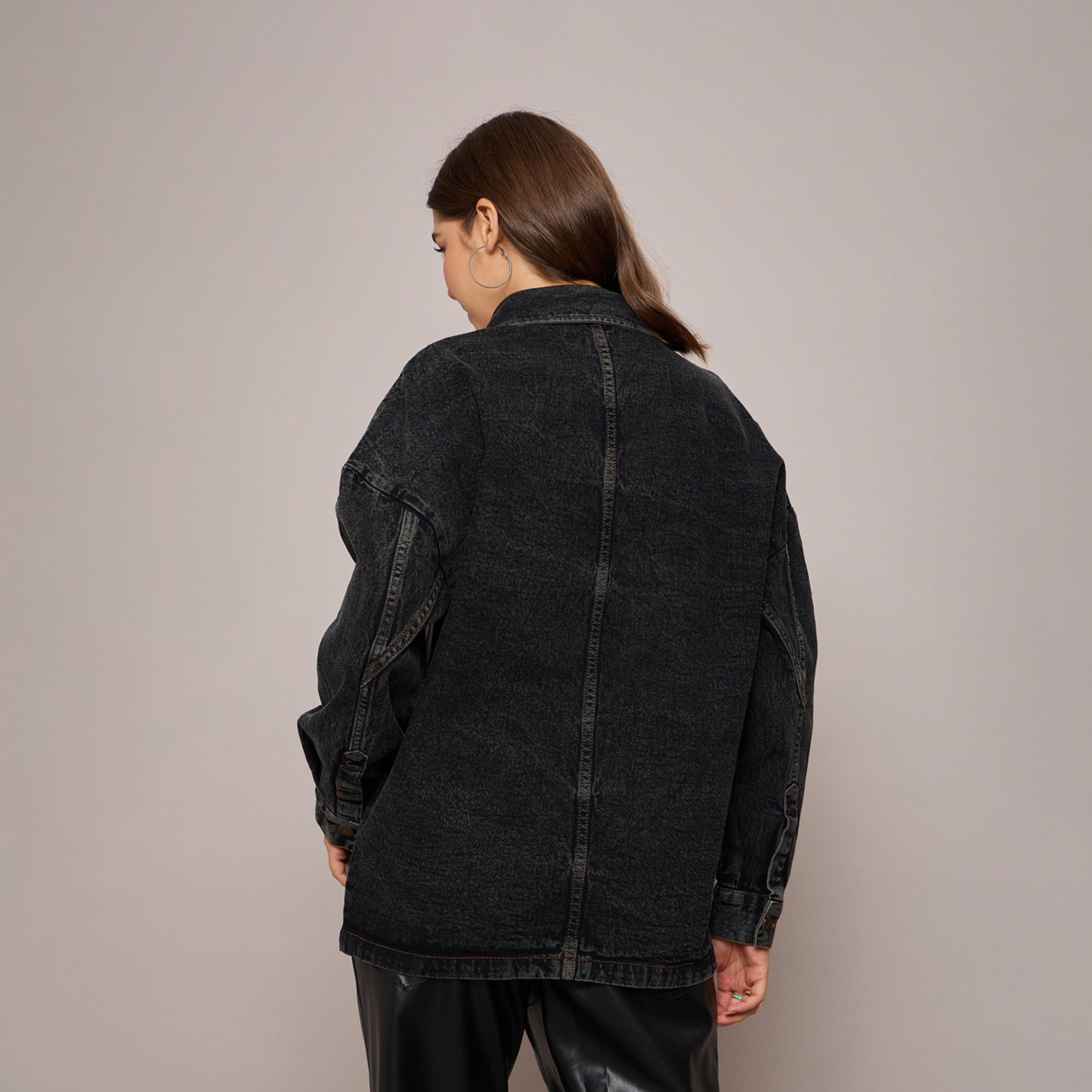 Sassafras X Styli Oversized Denim Jacket with Pockets-women-winterwear-coatsandjackets-jackets-image-5