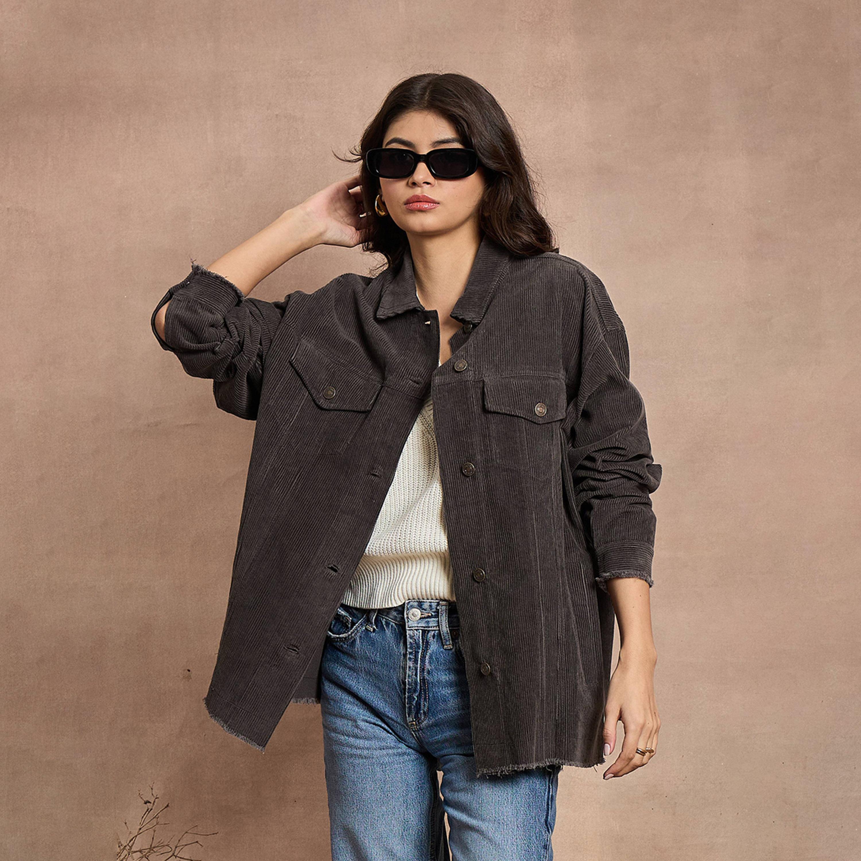 Sassafras X Styli Dark Grey Corduroy Oversize Shacket-women-winterwear-coatsandjackets-jackets-image-1