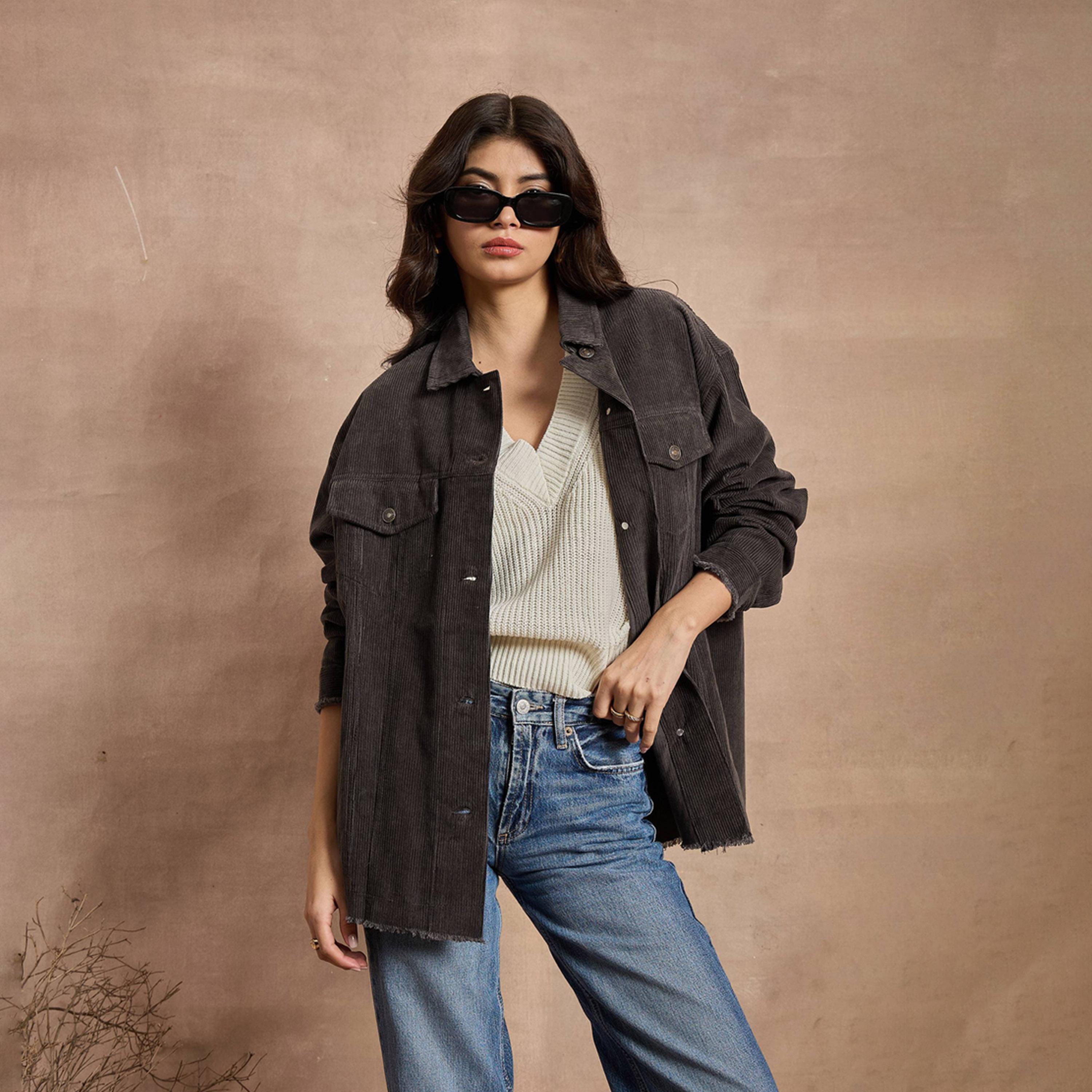 Sassafras X Styli Dark Grey Corduroy Oversize Shacket-women-winterwear-coatsandjackets-jackets-image-10