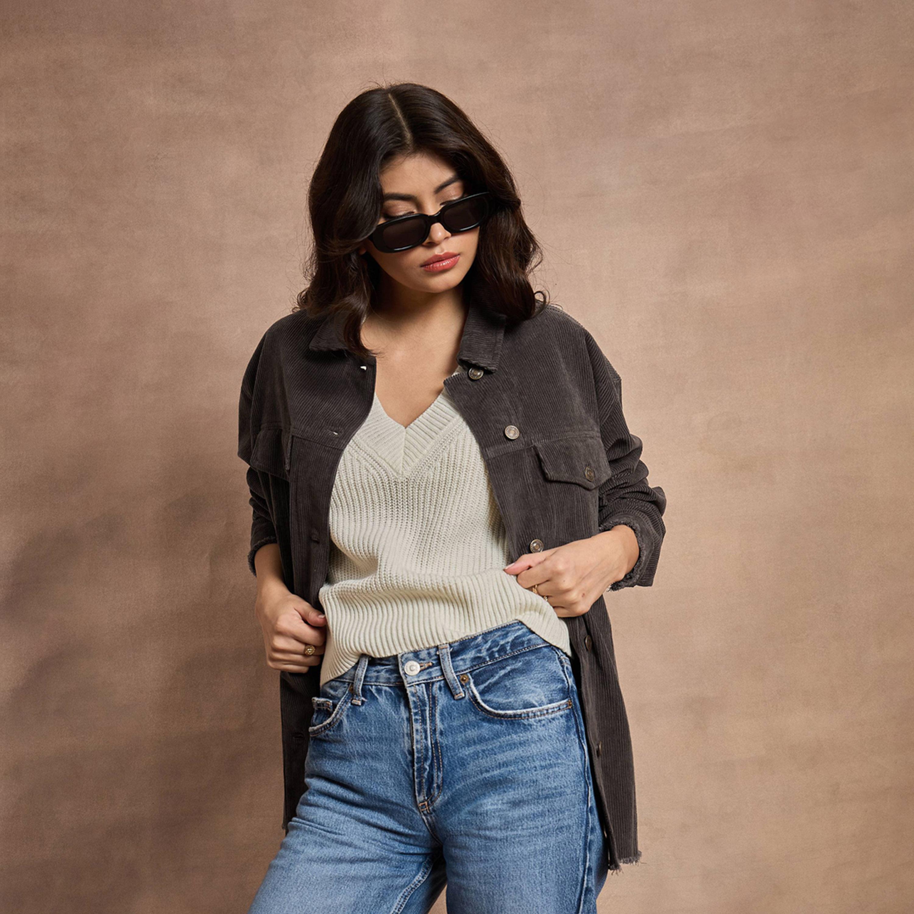 Sassafras X Styli Dark Grey Corduroy Oversize Shacket-women-winterwear-coatsandjackets-jackets-image-11