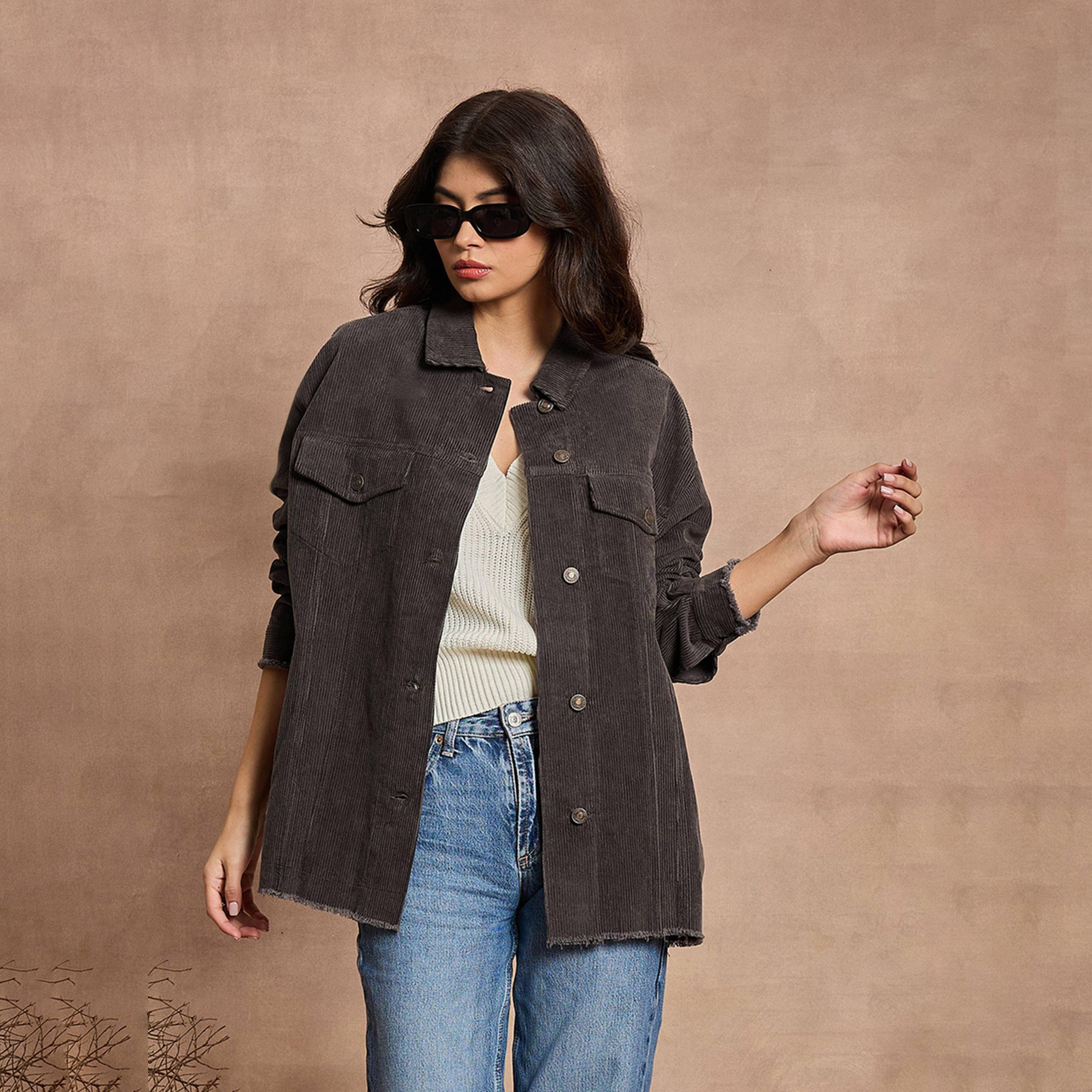 Sassafras X Styli Dark Grey Corduroy Oversize Shacket-women-winterwear-coatsandjackets-jackets-image-12