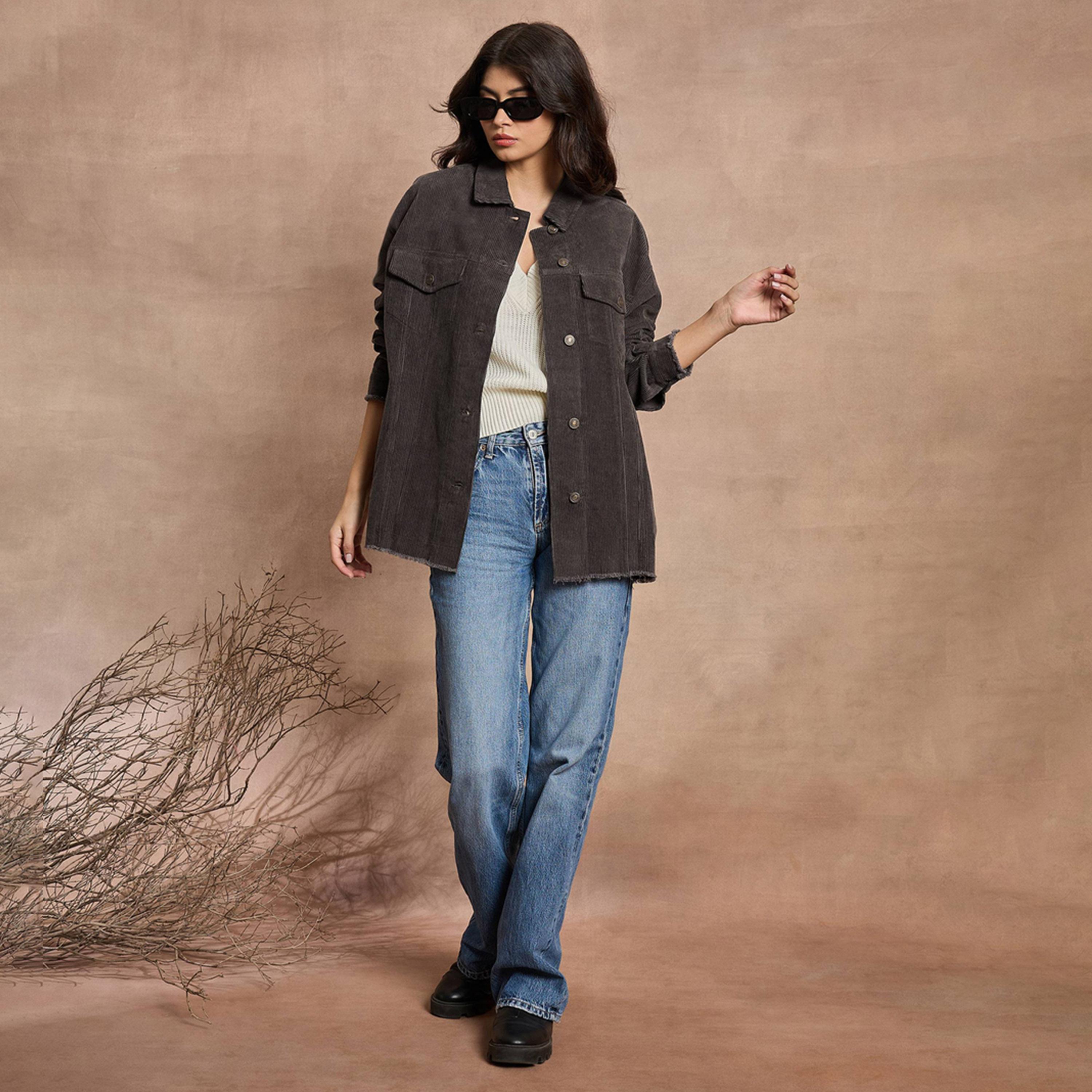 Sassafras X Styli Dark Grey Corduroy Oversize Shacket-women-winterwear-coatsandjackets-jackets-image-13