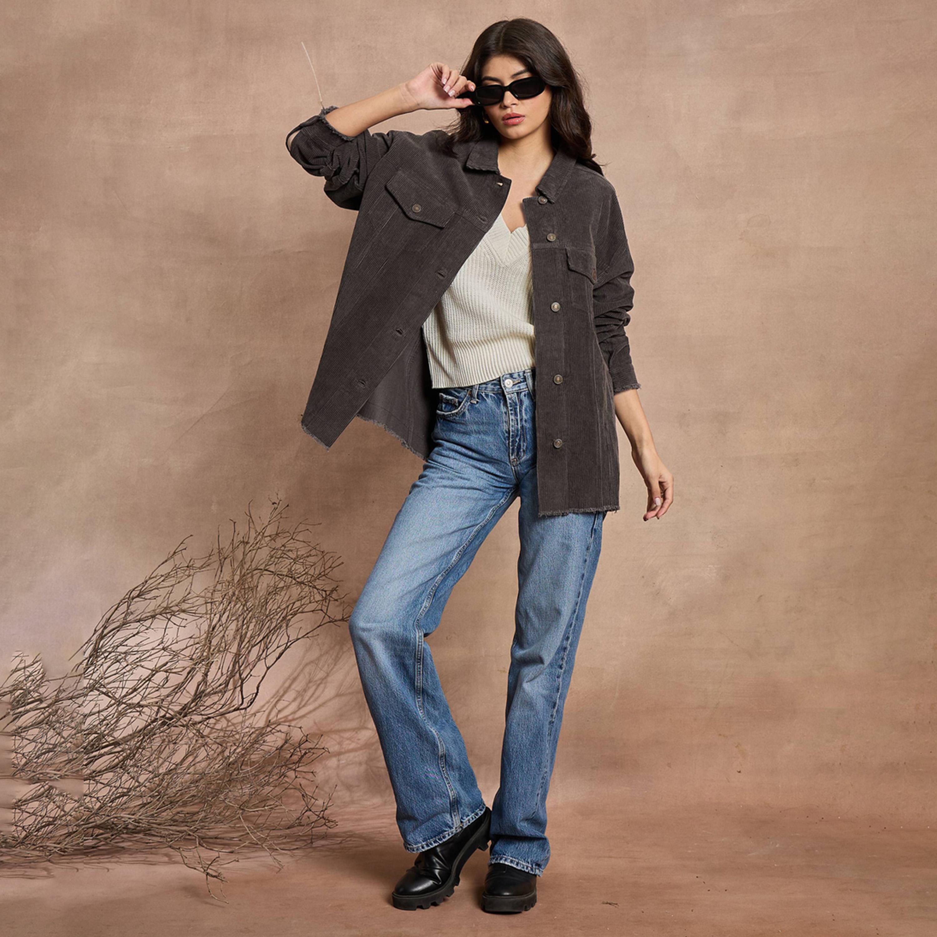 Sassafras X Styli Dark Grey Corduroy Oversize Shacket-women-winterwear-coatsandjackets-jackets-image-2