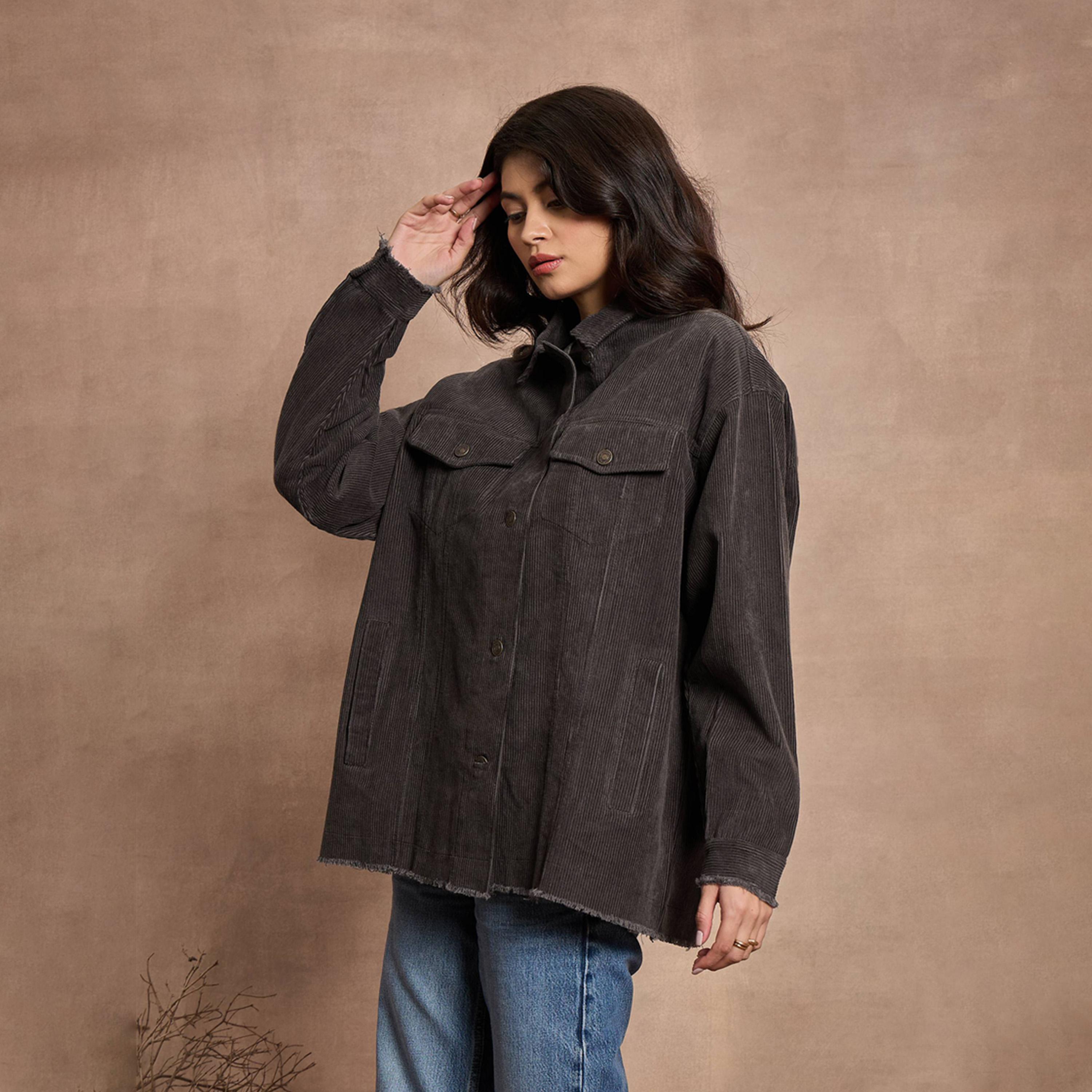 Sassafras X Styli Dark Grey Corduroy Oversize Shacket-women-winterwear-coatsandjackets-jackets-image-3