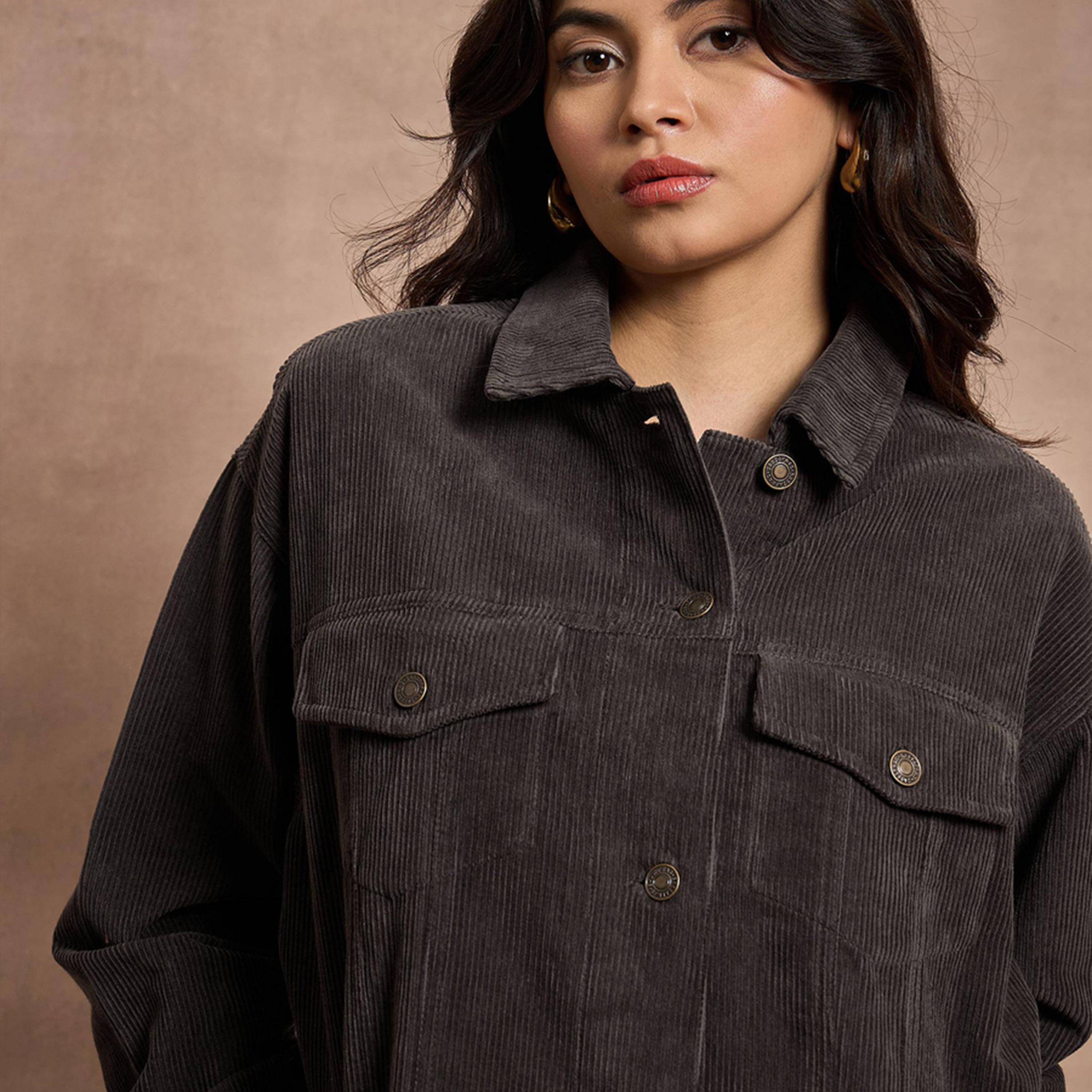 Sassafras X Styli Dark Grey Corduroy Oversize Shacket-women-winterwear-coatsandjackets-jackets-image-4