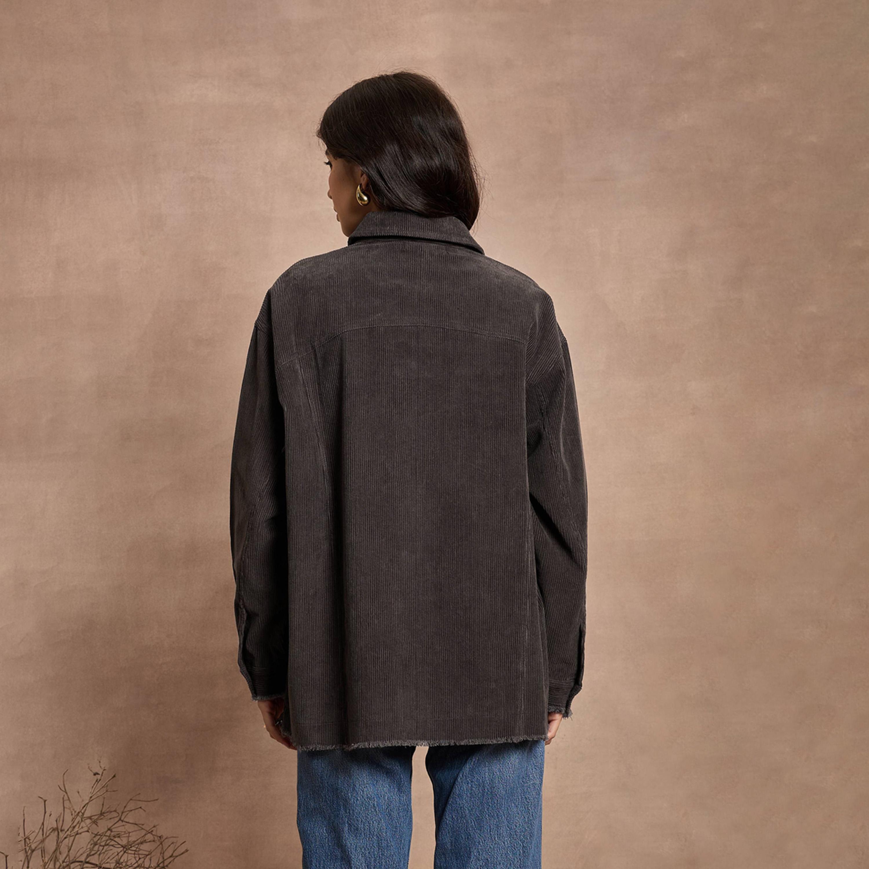 Sassafras X Styli Dark Grey Corduroy Oversize Shacket-women-winterwear-coatsandjackets-jackets-image-6