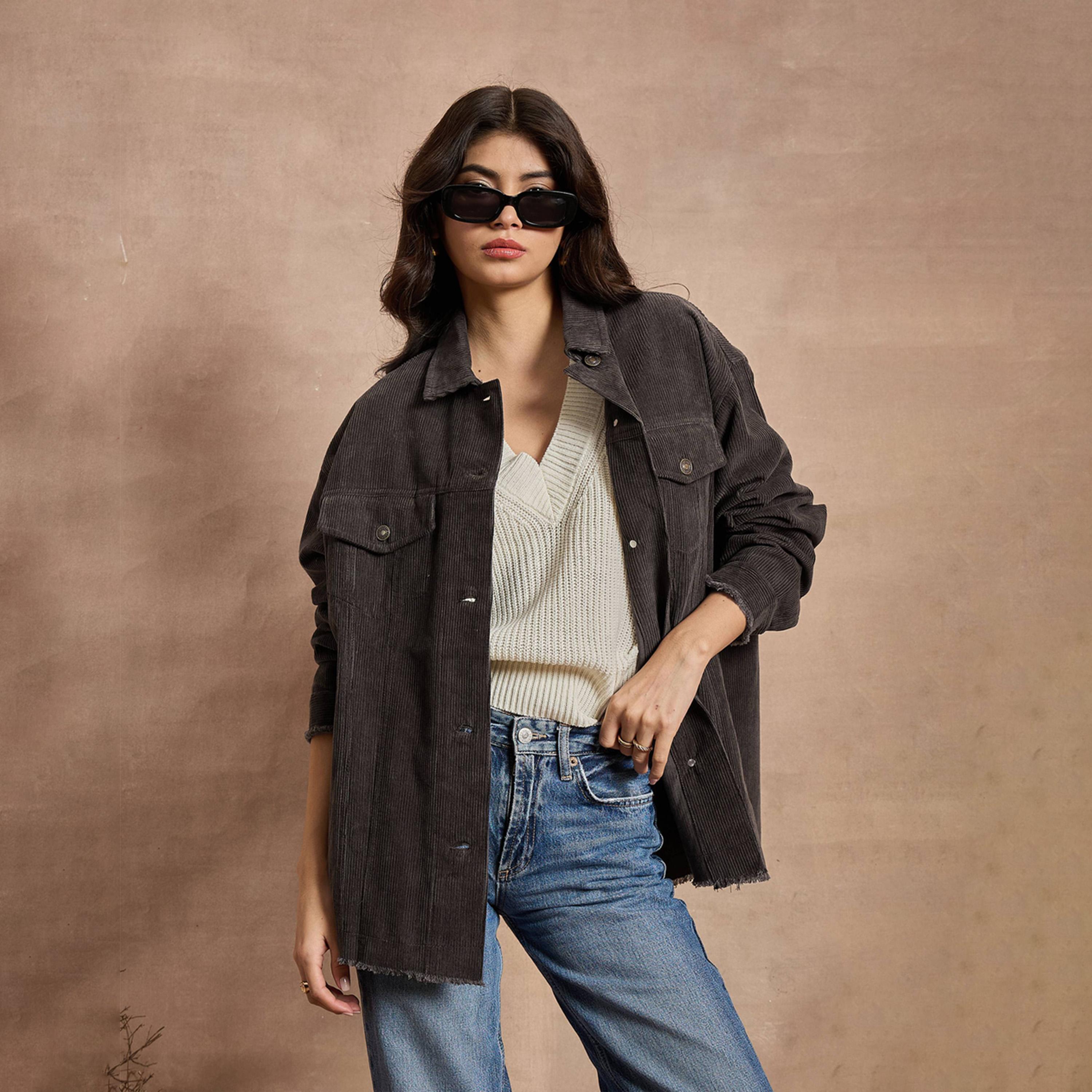 Sassafras X Styli Dark Grey Corduroy Oversize Shacket-women-winterwear-coatsandjackets-jackets-image-7
