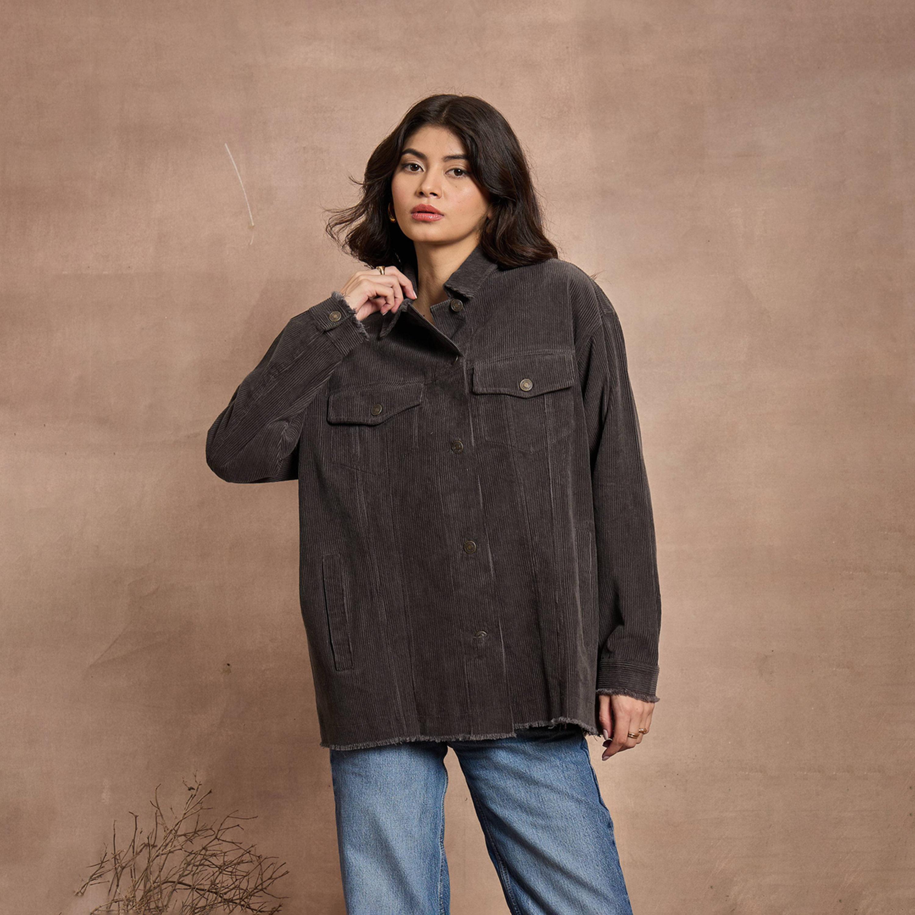Sassafras X Styli Dark Grey Corduroy Oversize Shacket-women-winterwear-coatsandjackets-jackets-image-8