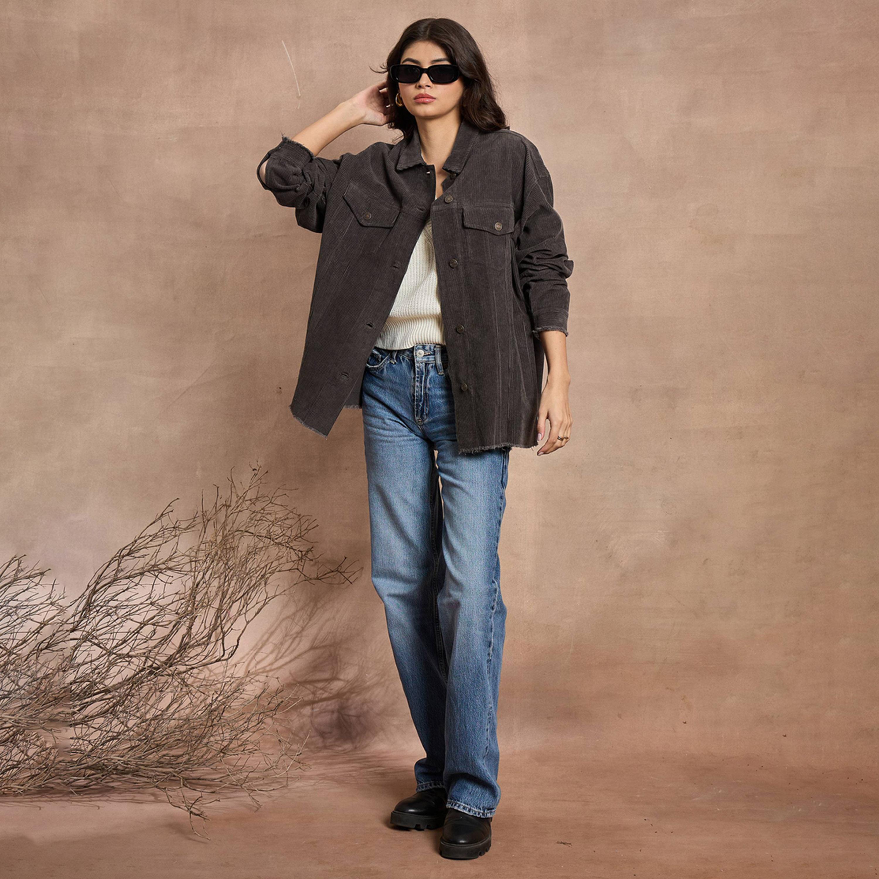 Sassafras X Styli Dark Grey Corduroy Oversize Shacket-women-winterwear-coatsandjackets-jackets-image-9