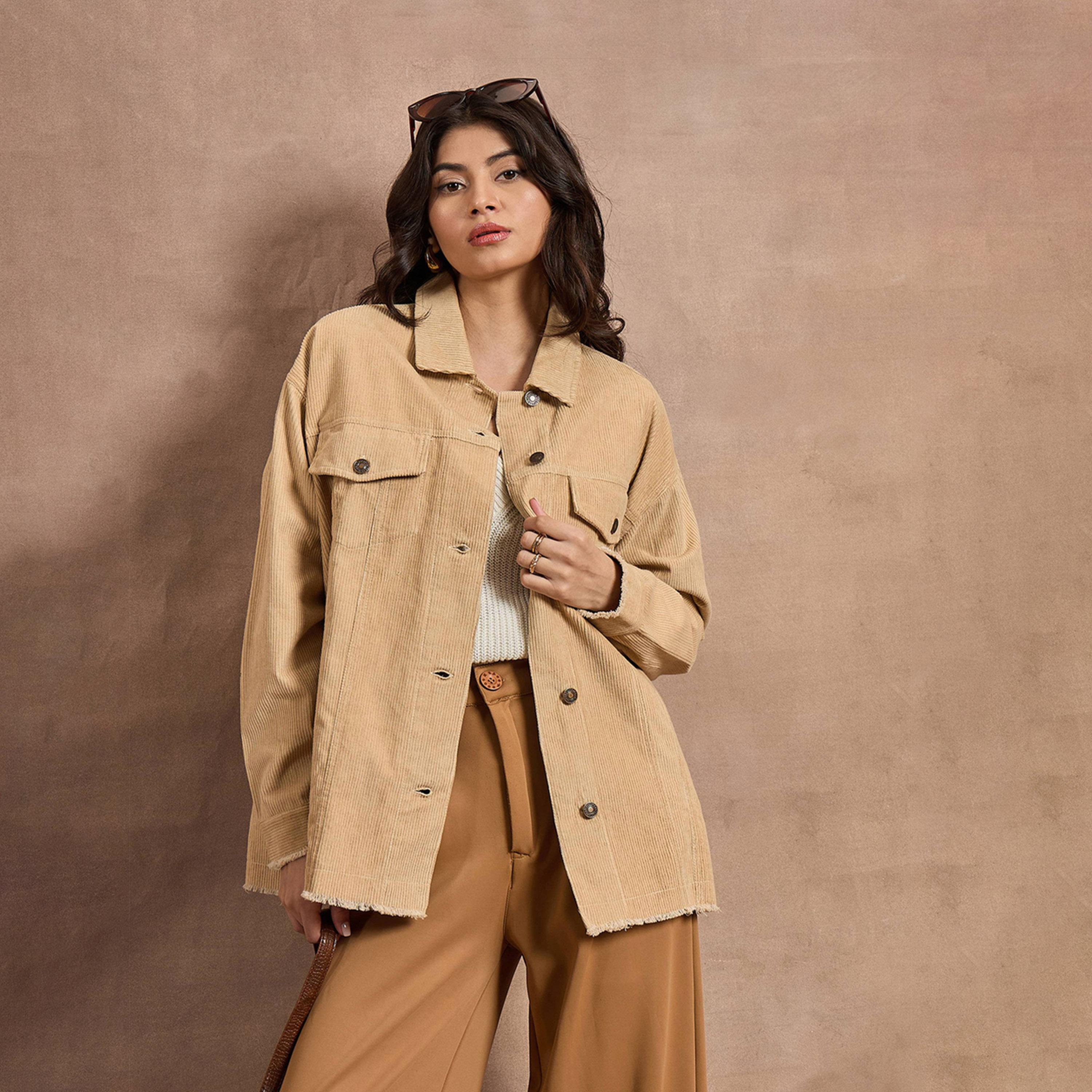 Sassafras X Styli Textured Corduroy Oversized Shacket with Pockets-women-winterwear-coatsandjackets-jackets-image-1