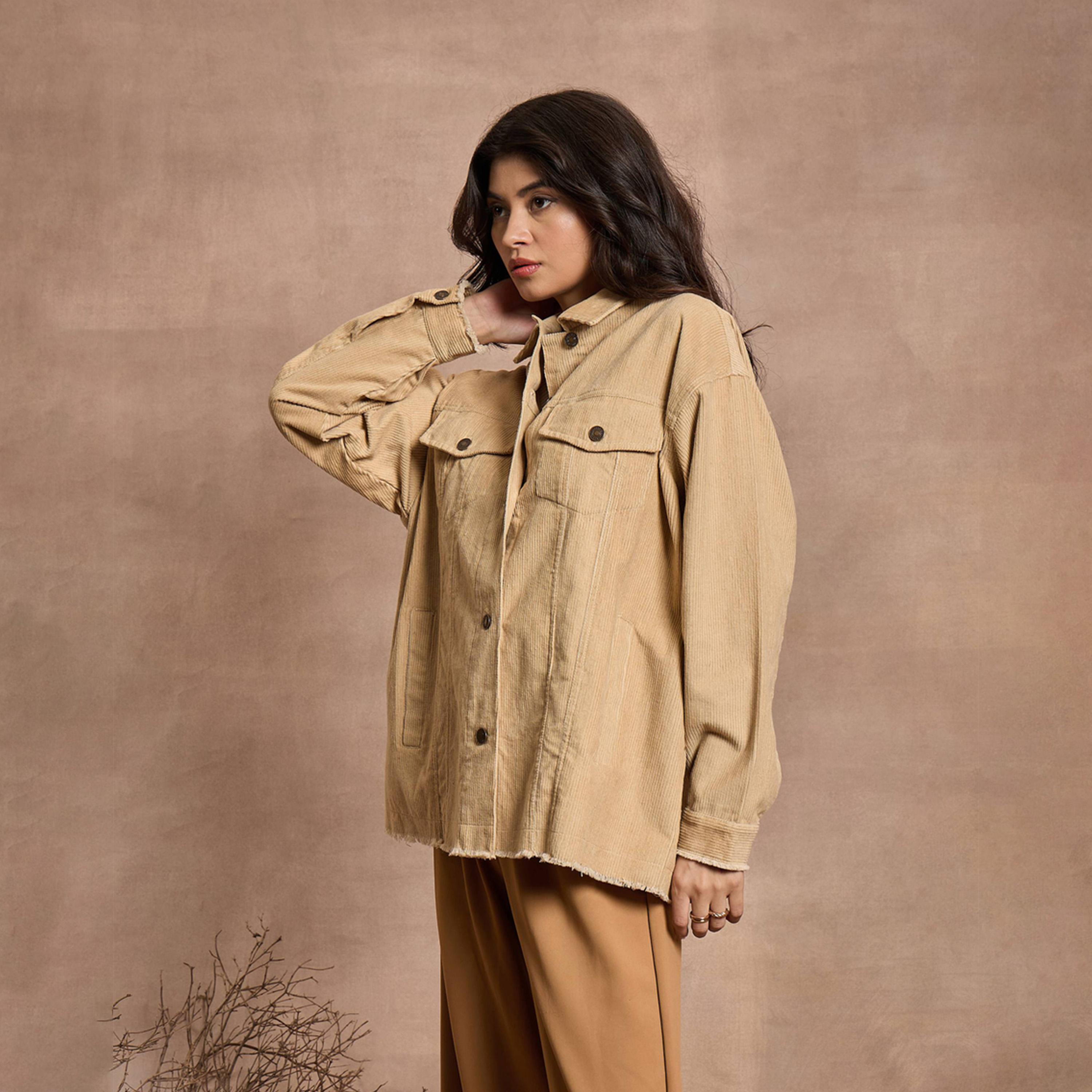 Sassafras X Styli Textured Corduroy Oversized Shacket with Pockets-women-winterwear-coatsandjackets-jackets-image-3