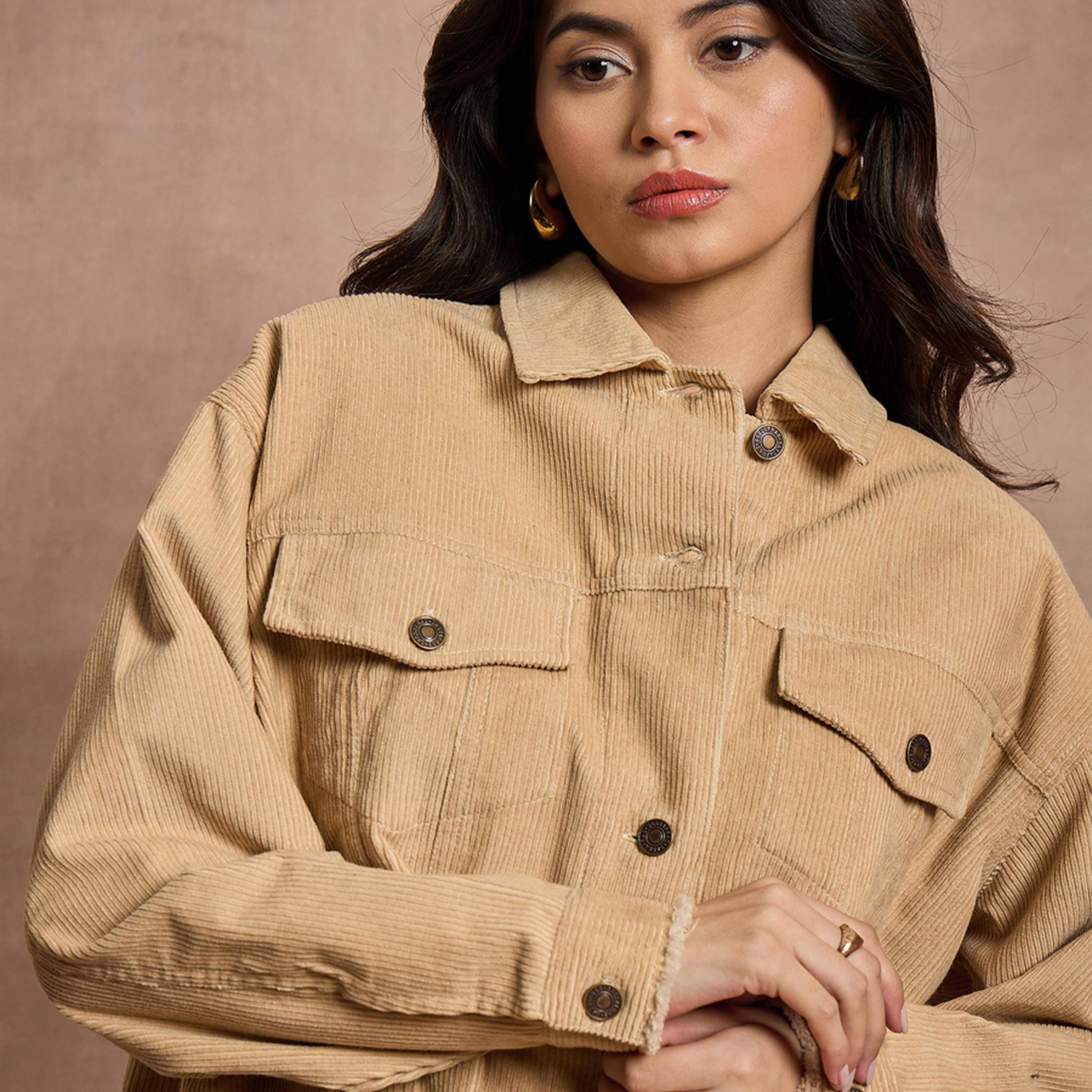 Sassafras X Styli Textured Corduroy Oversized Shacket with Pockets-women-winterwear-coatsandjackets-jackets-image-4