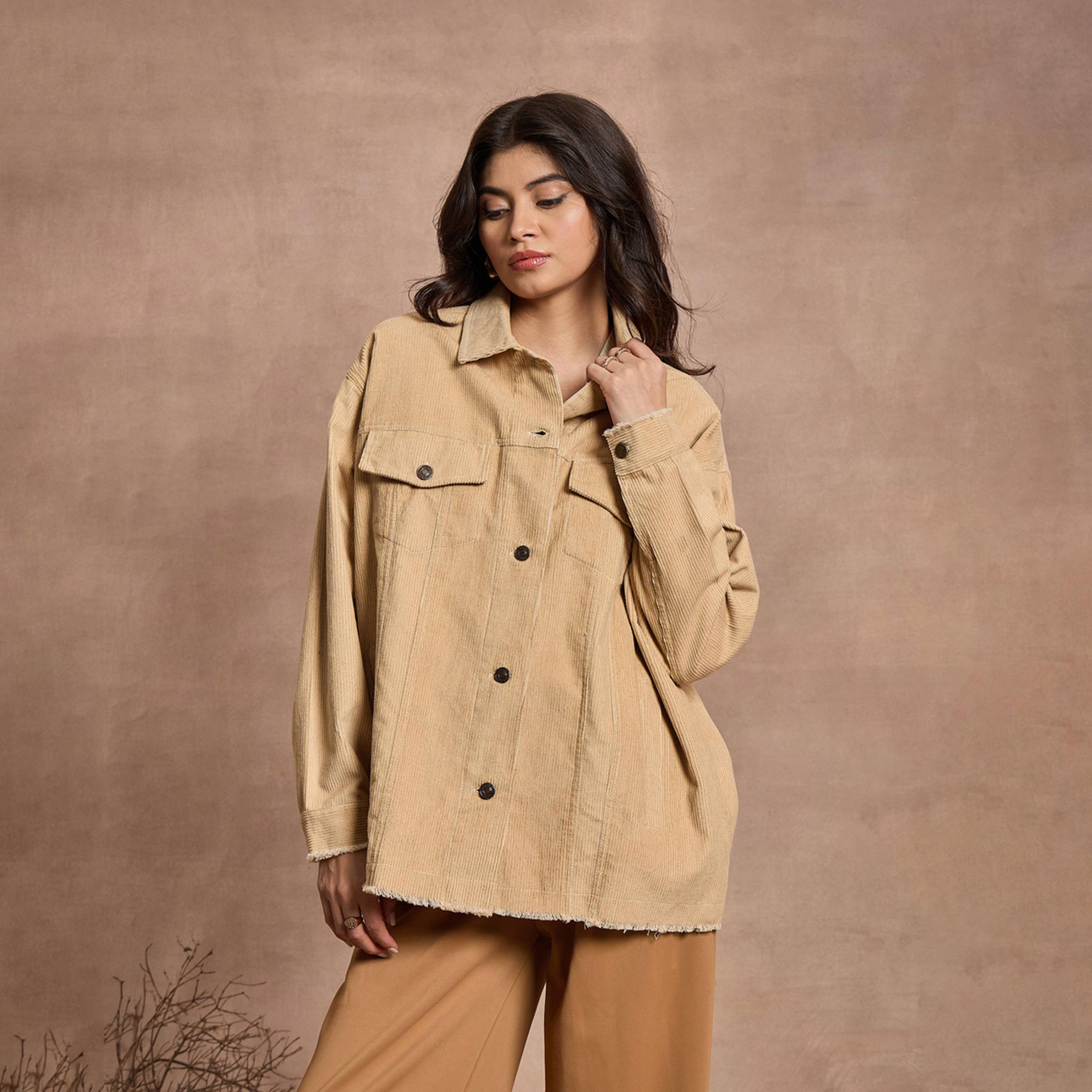 Sassafras X Styli Textured Corduroy Oversized Shacket with Pockets-women-winterwear-coatsandjackets-jackets-image-8