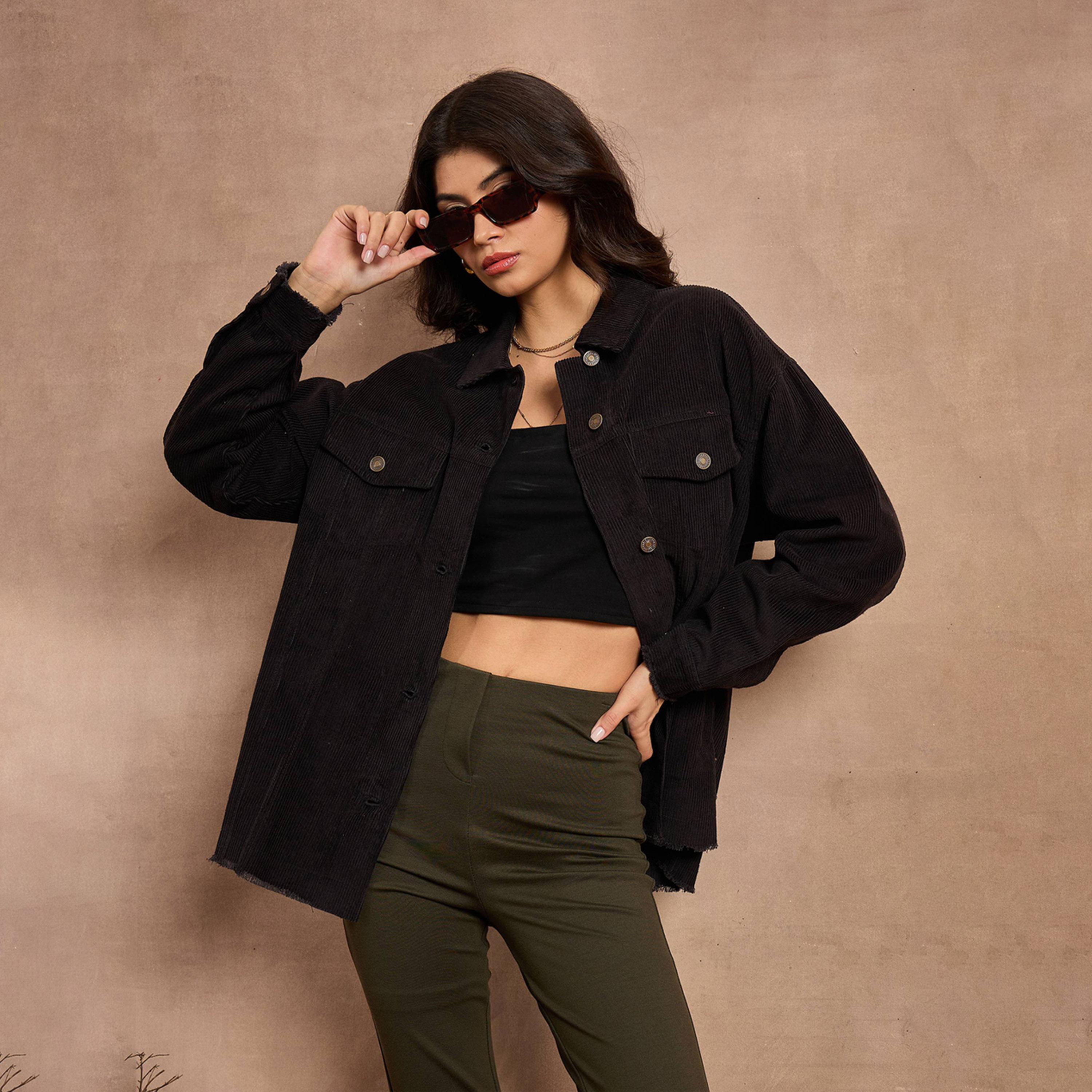 Sassafras X Styli Textured Corduroy Oversized Shacket with Pockets-women-winterwear-coatsandjackets-jackets-image-1