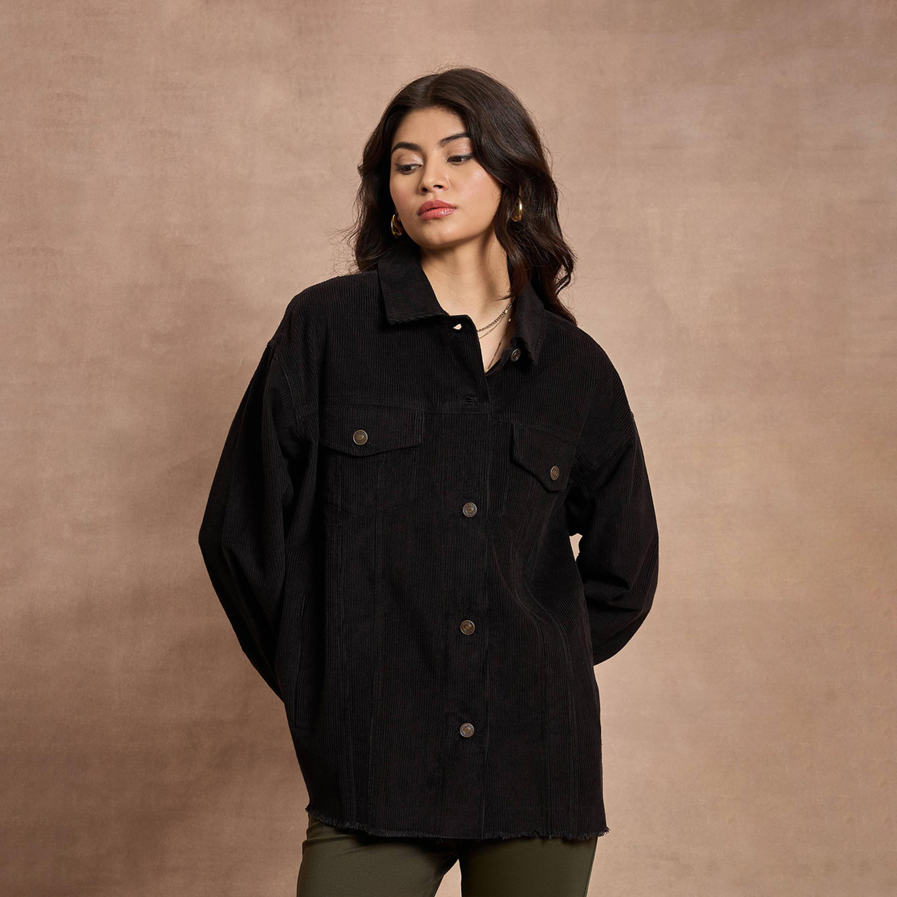 Sassafras X Styli Textured Corduroy Oversized Shacket with Pockets-women-winterwear-coatsandjackets-jackets-image-7