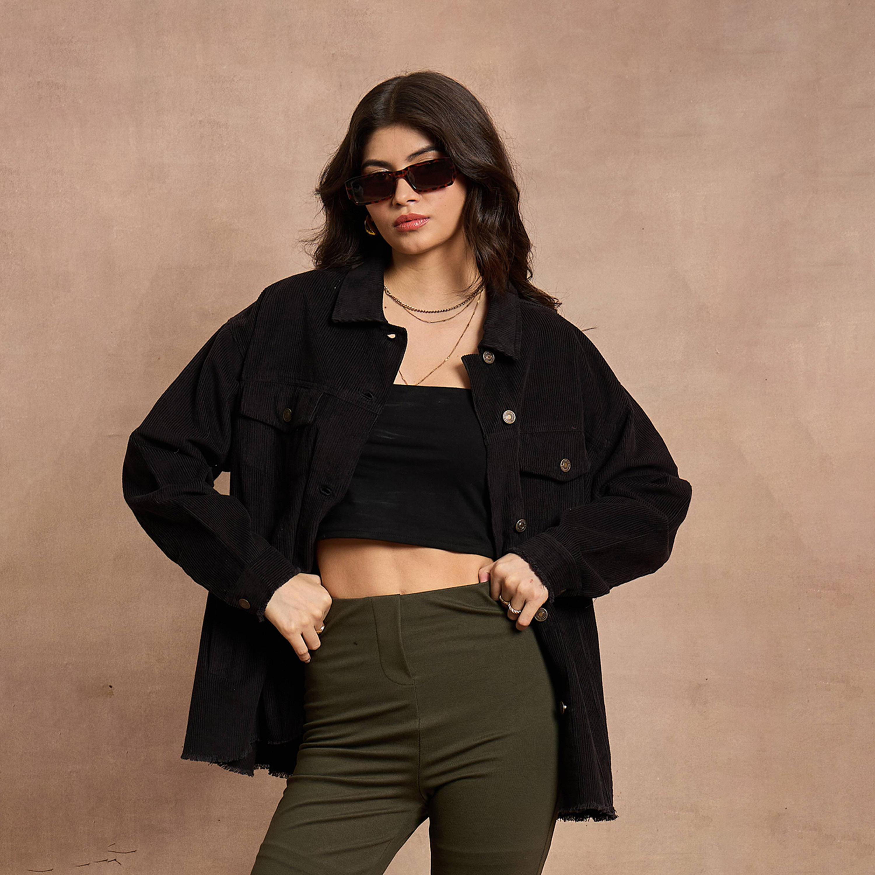 Sassafras X Styli Textured Corduroy Oversized Shacket with Pockets-women-winterwear-coatsandjackets-jackets-image-8