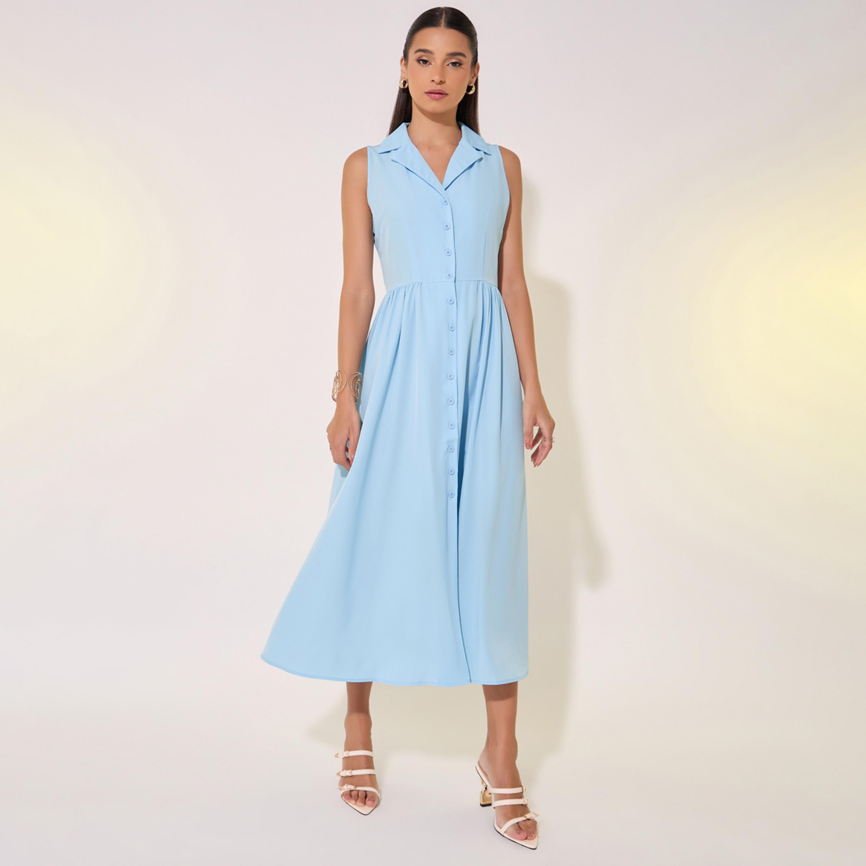 فستان ميدي سادة بلا أكمام مع أزرار-women-clothing-dresses-image-2