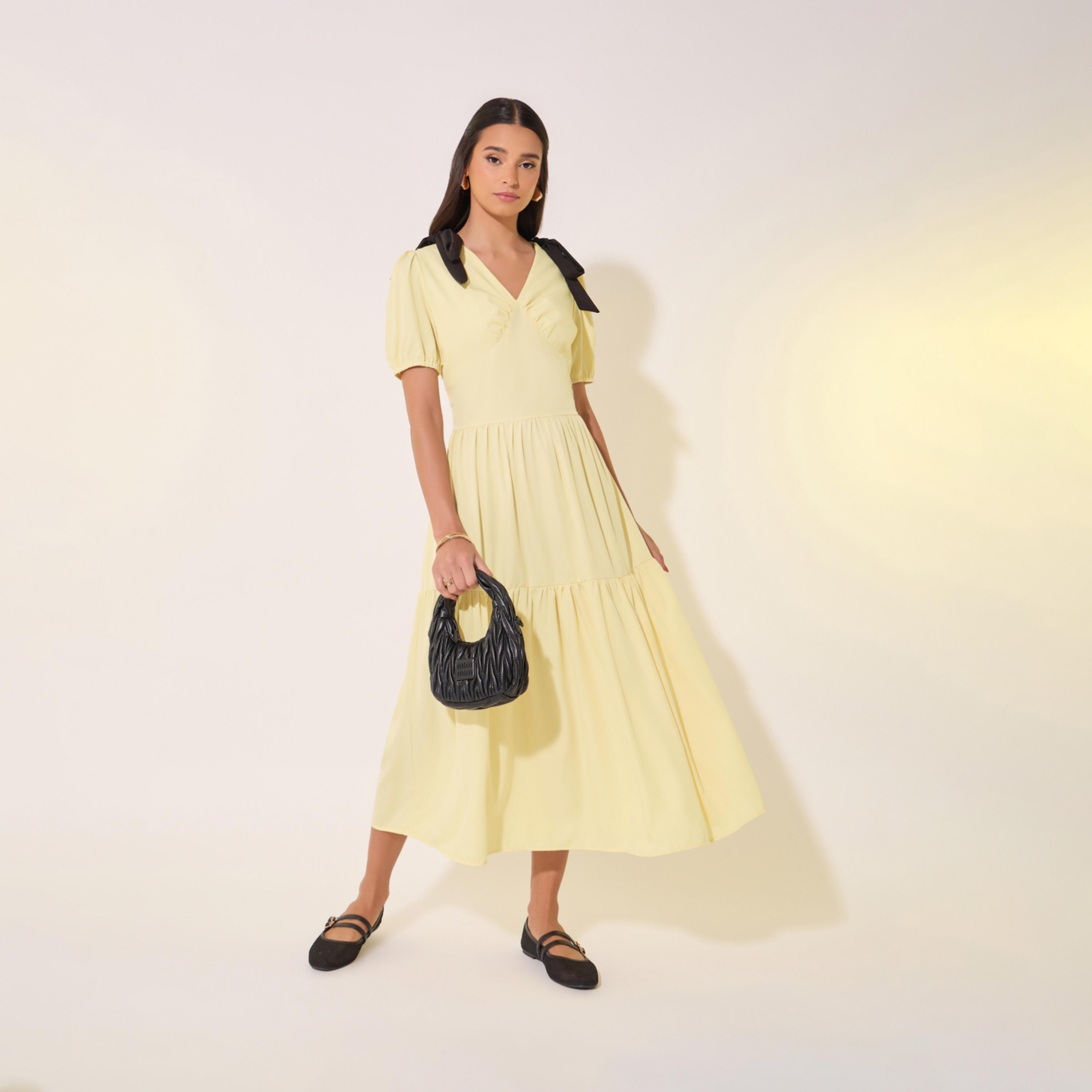 Take Two Solid Bow Detail V-Neck Tiered Midi Dress-women-clothing-dresses-image-1