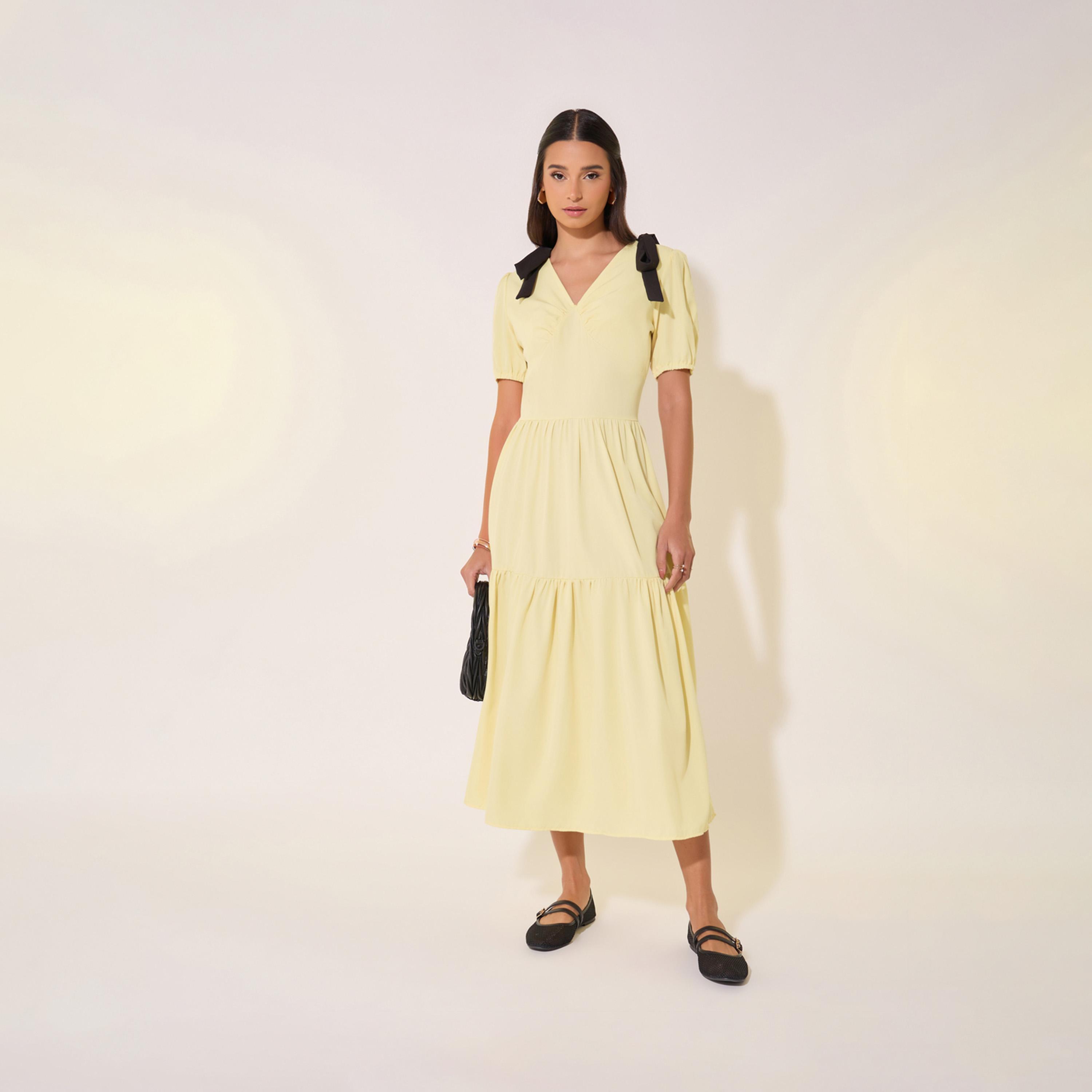 Take Two Solid Bow Detail V-Neck Tiered Midi Dress-women-clothing-dresses-image-2
