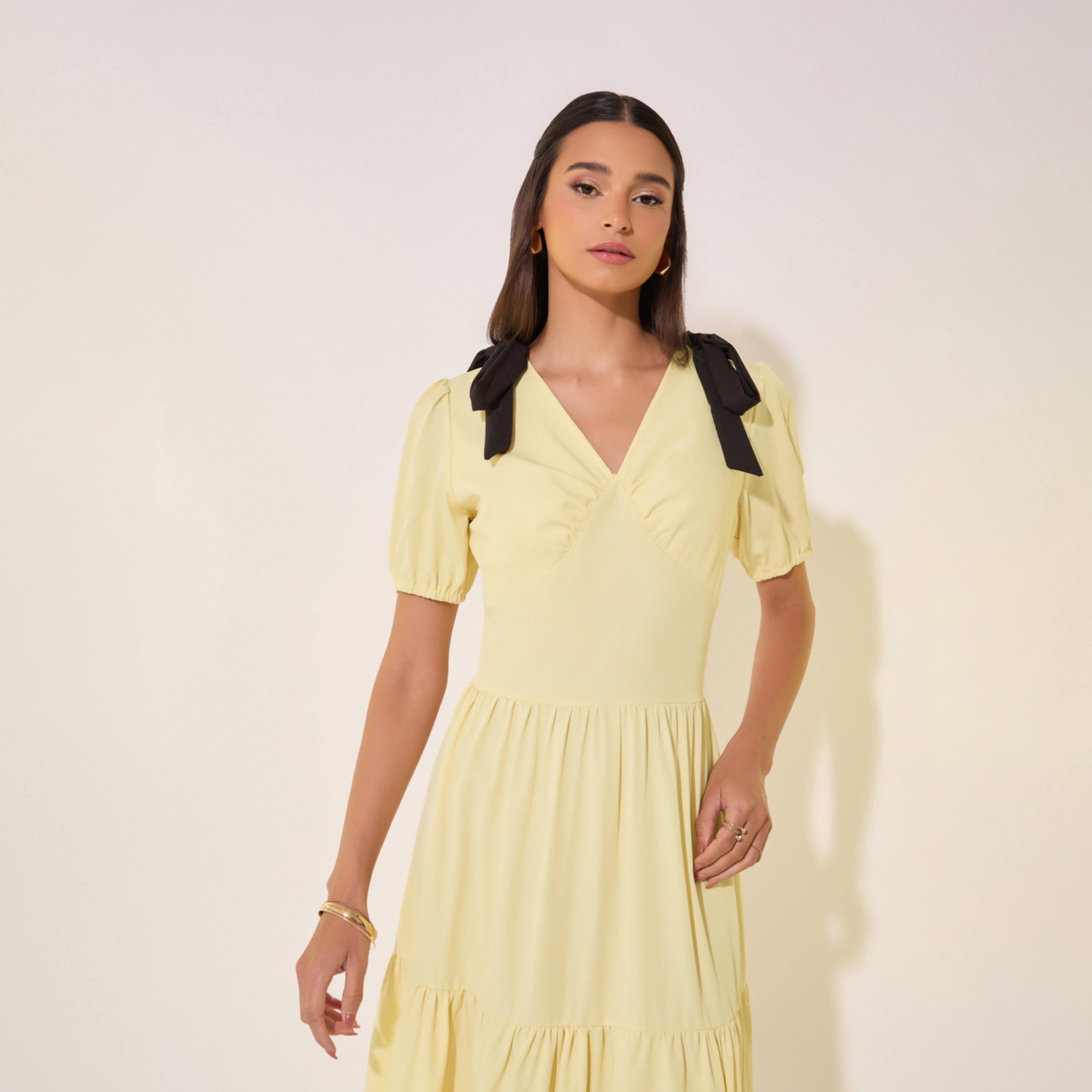 Take Two Solid Bow Detail V-Neck Tiered Midi Dress-women-clothing-dresses-image-3