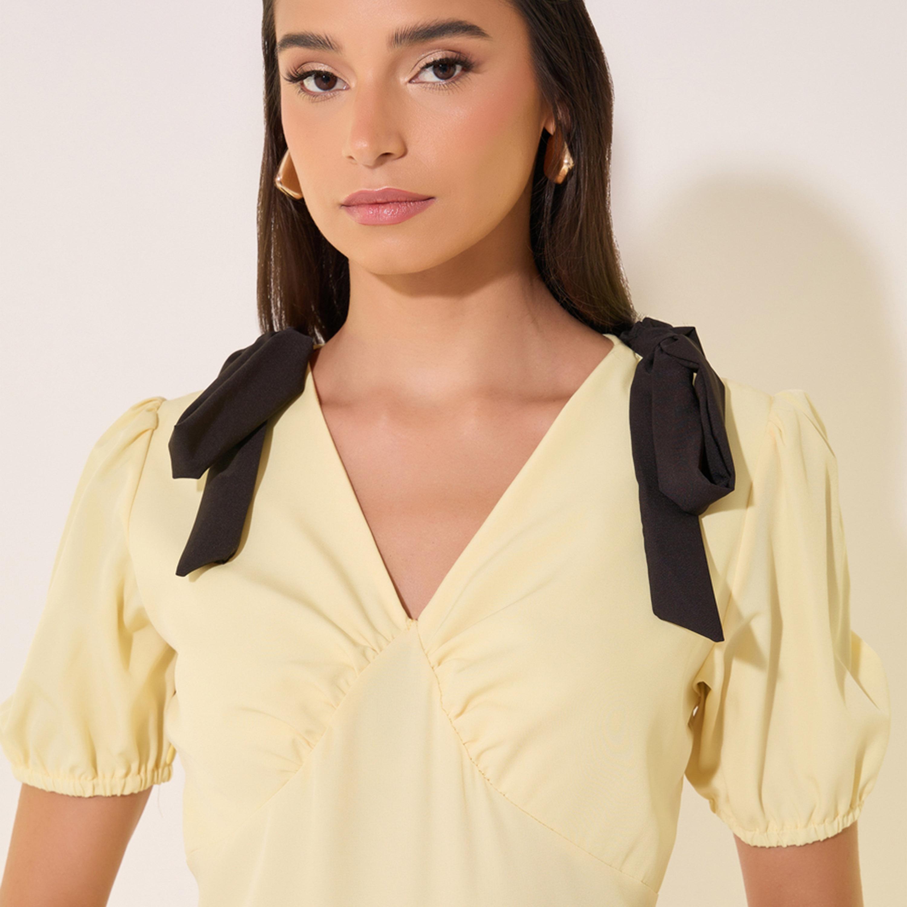 Take Two Solid Bow Detail V-Neck Tiered Midi Dress-women-clothing-dresses-image-4