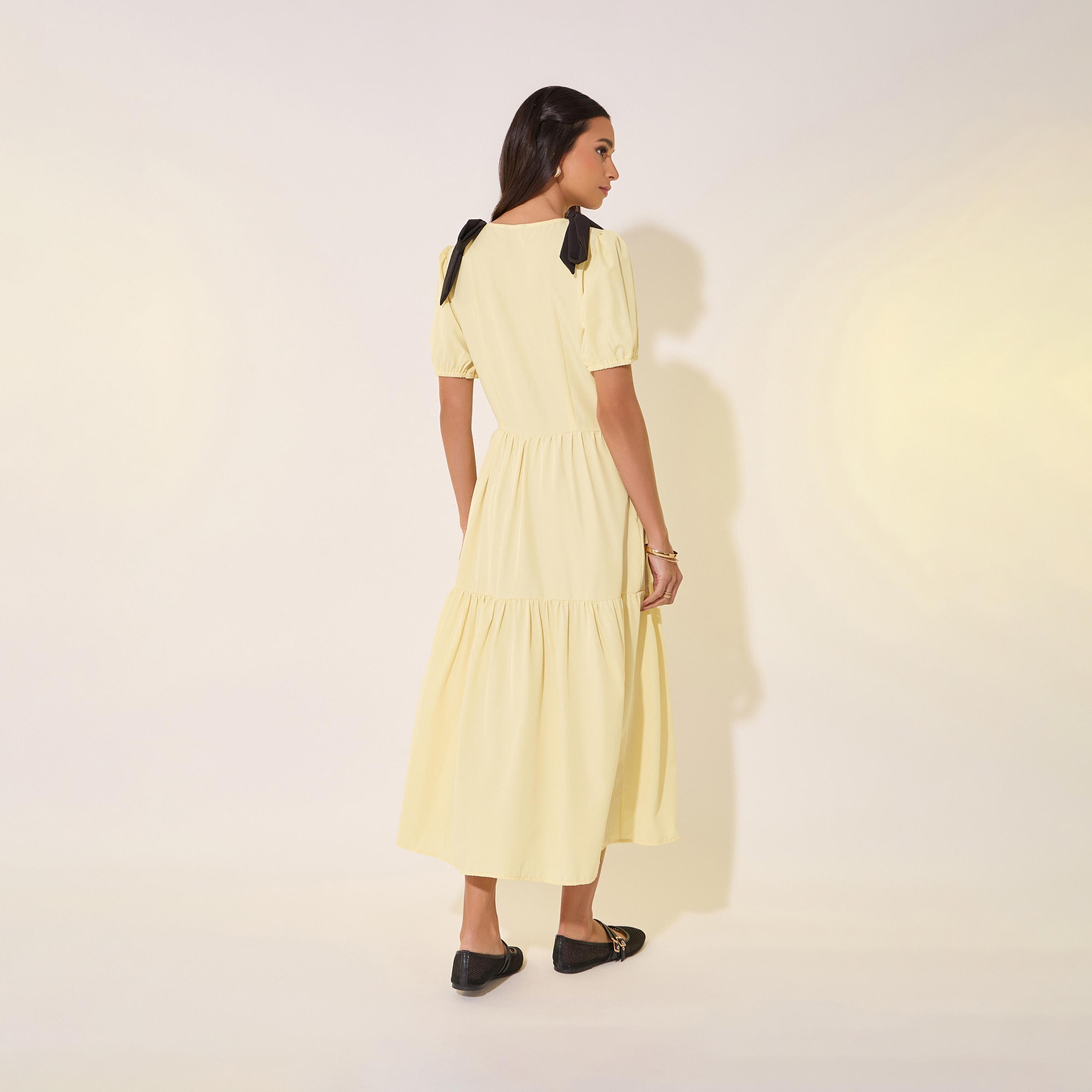 Take Two Solid Bow Detail V-Neck Tiered Midi Dress-women-clothing-dresses-image-6