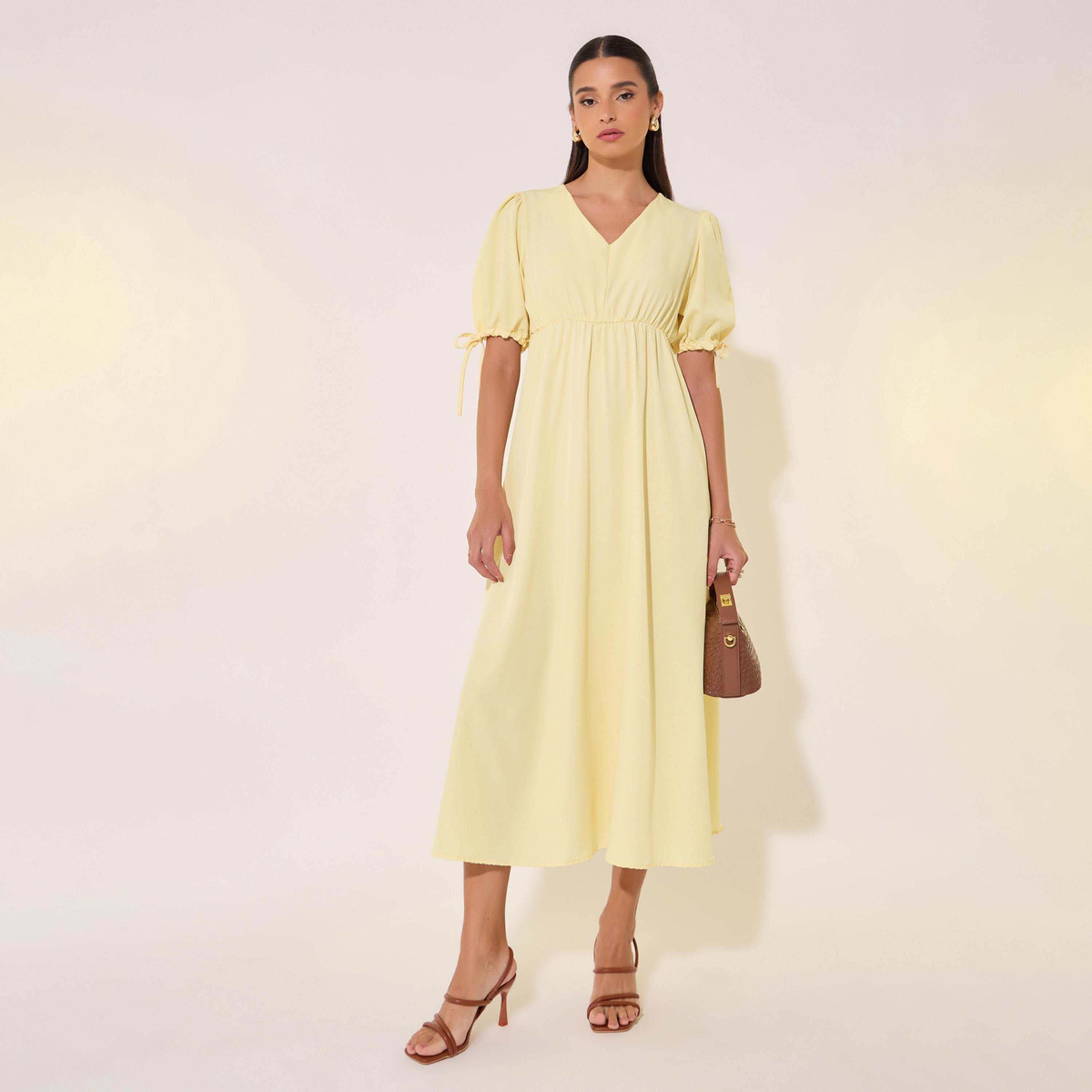 Take Two Solid V-Neck Puff Sleeve Midi Dress-women-clothing-dresses-image-1
