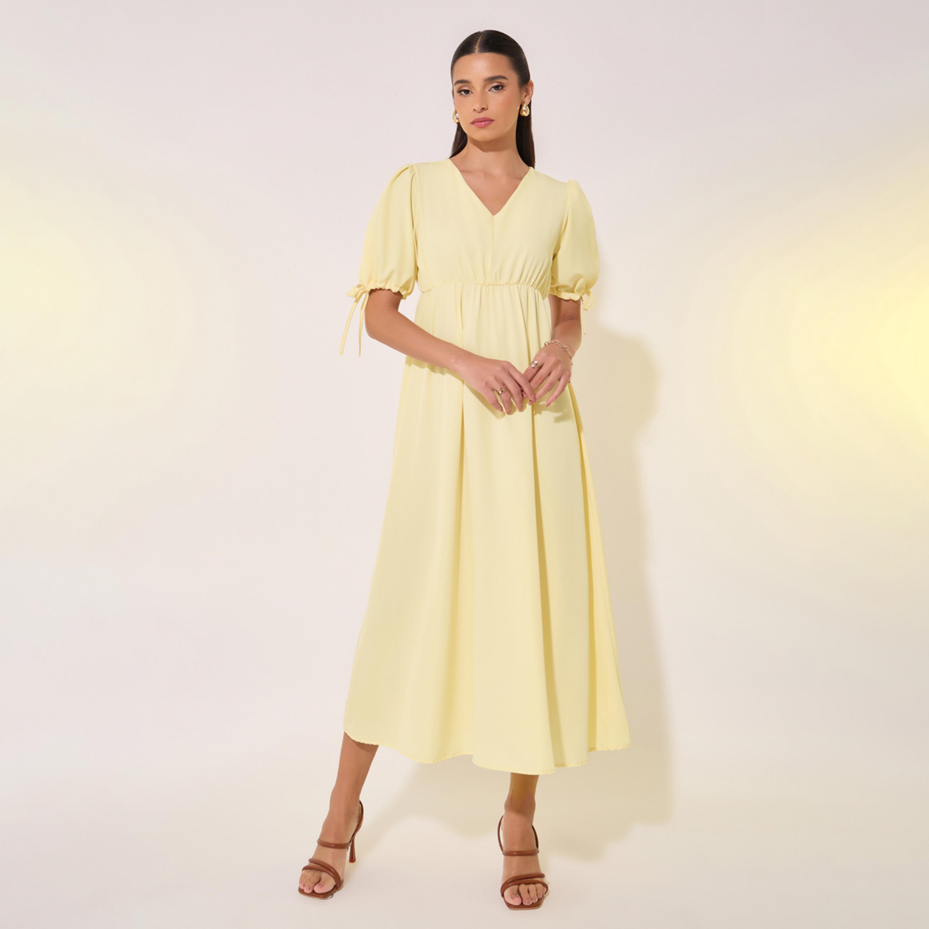 Take Two Solid V-Neck Puff Sleeve Midi Dress-women-clothing-dresses-image-2