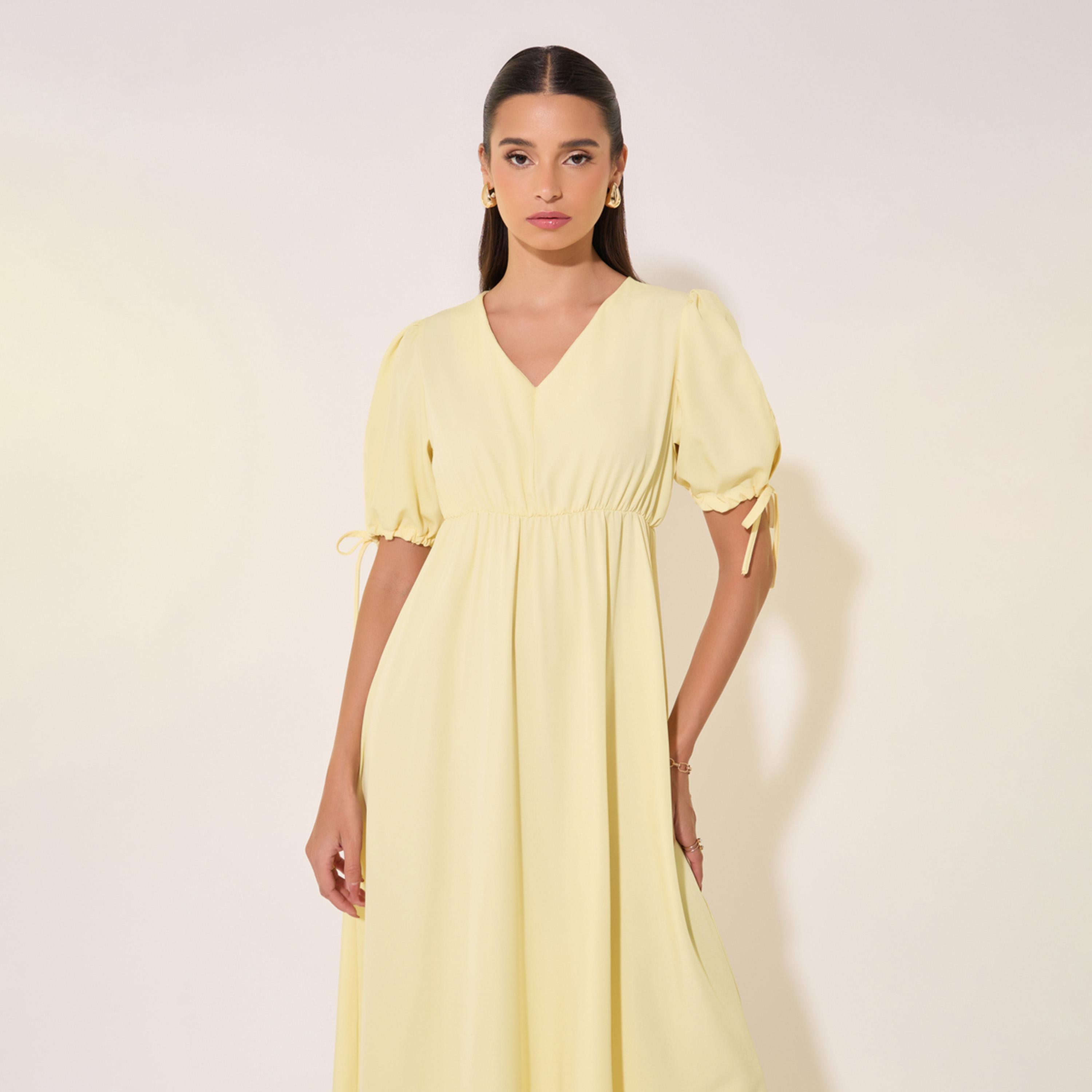 Take Two Solid V-Neck Puff Sleeve Midi Dress-women-clothing-dresses-image-3