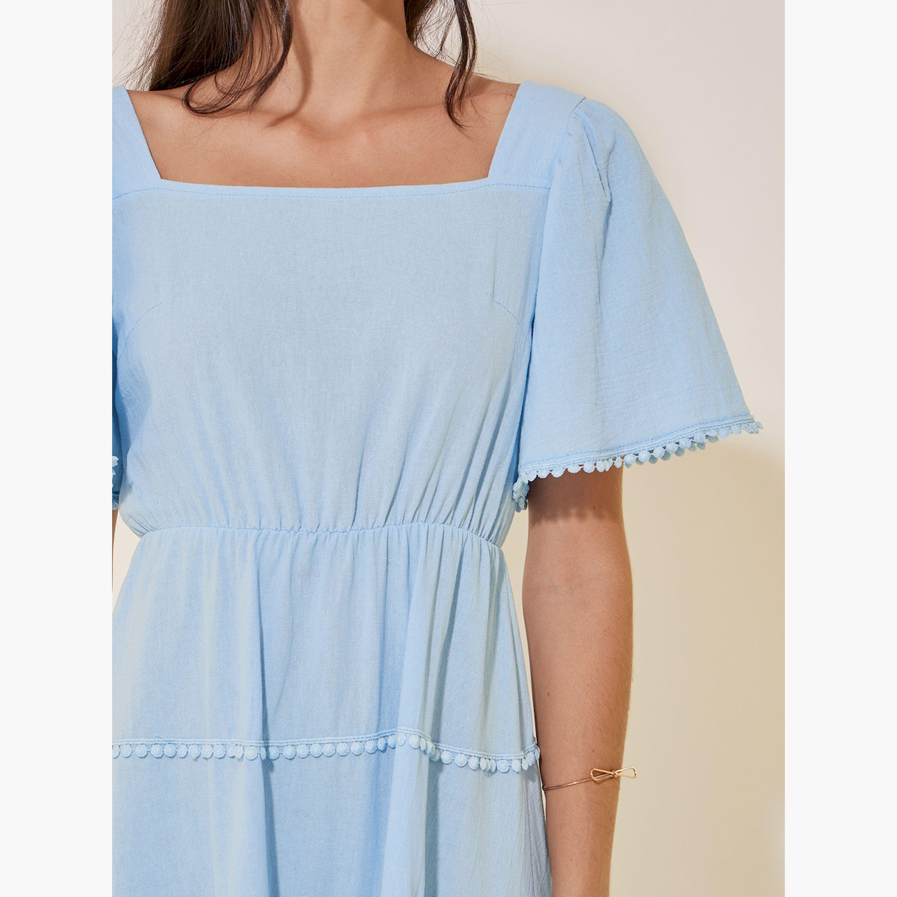 ستايلي -  فستان متوسط الطول بياقة مربعة وطبقات-women-clothing-dresses-image-4