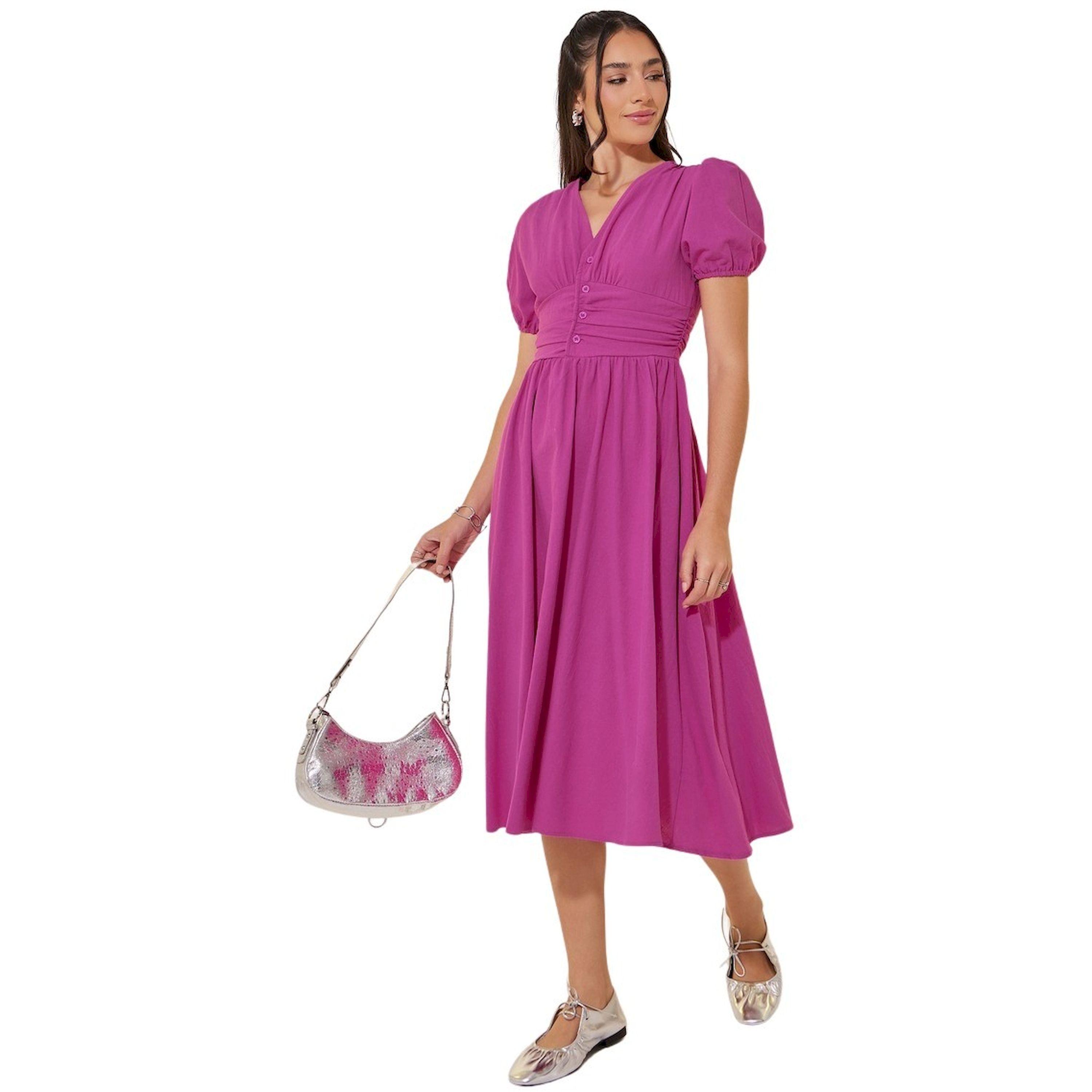ستايلي -  فستان متوسط الطول بأكمام منتفخة وفتحة رقبة V-women-clothing-dresses-image-1