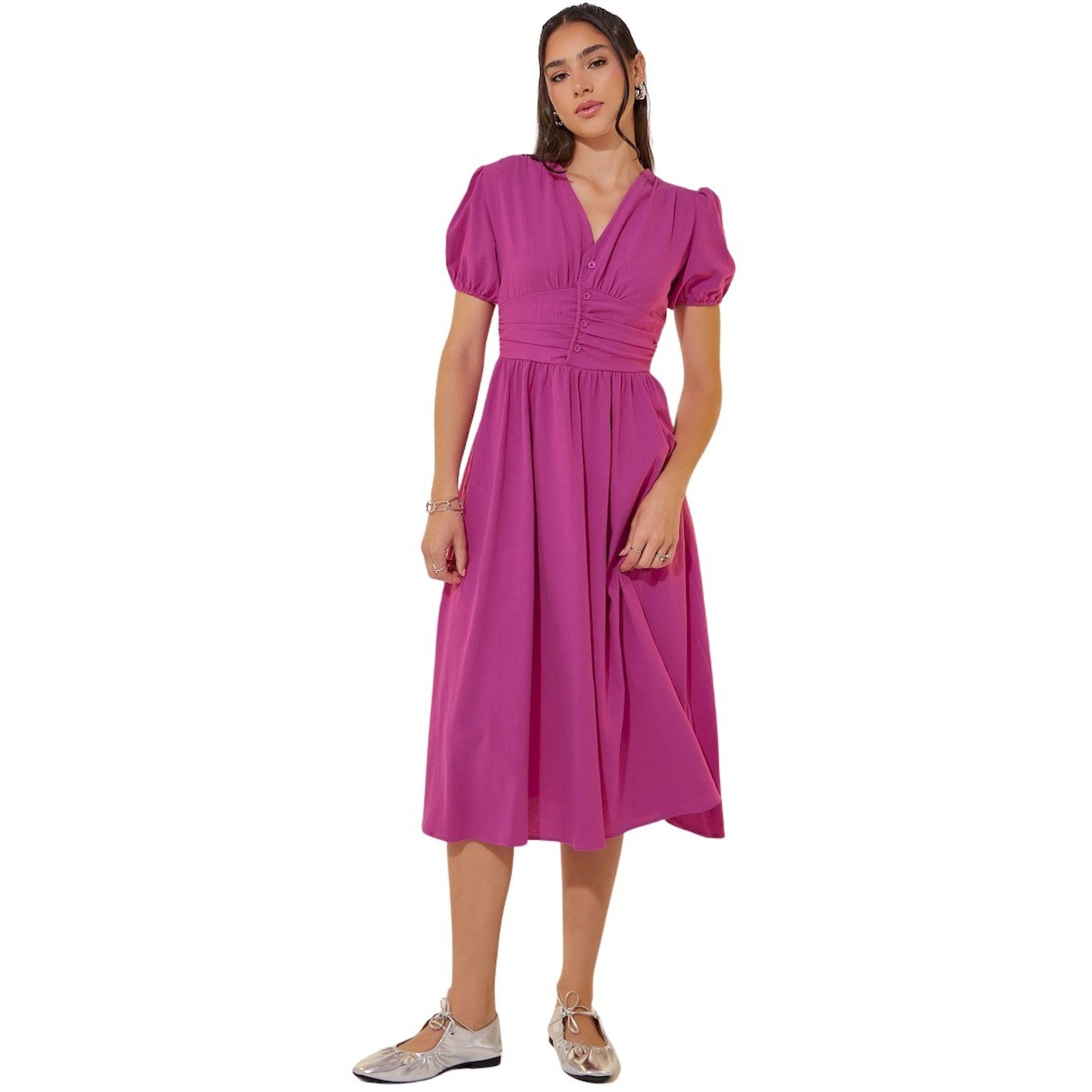 ستايلي -  فستان متوسط الطول بأكمام منتفخة وفتحة رقبة V-women-clothing-dresses-image-2