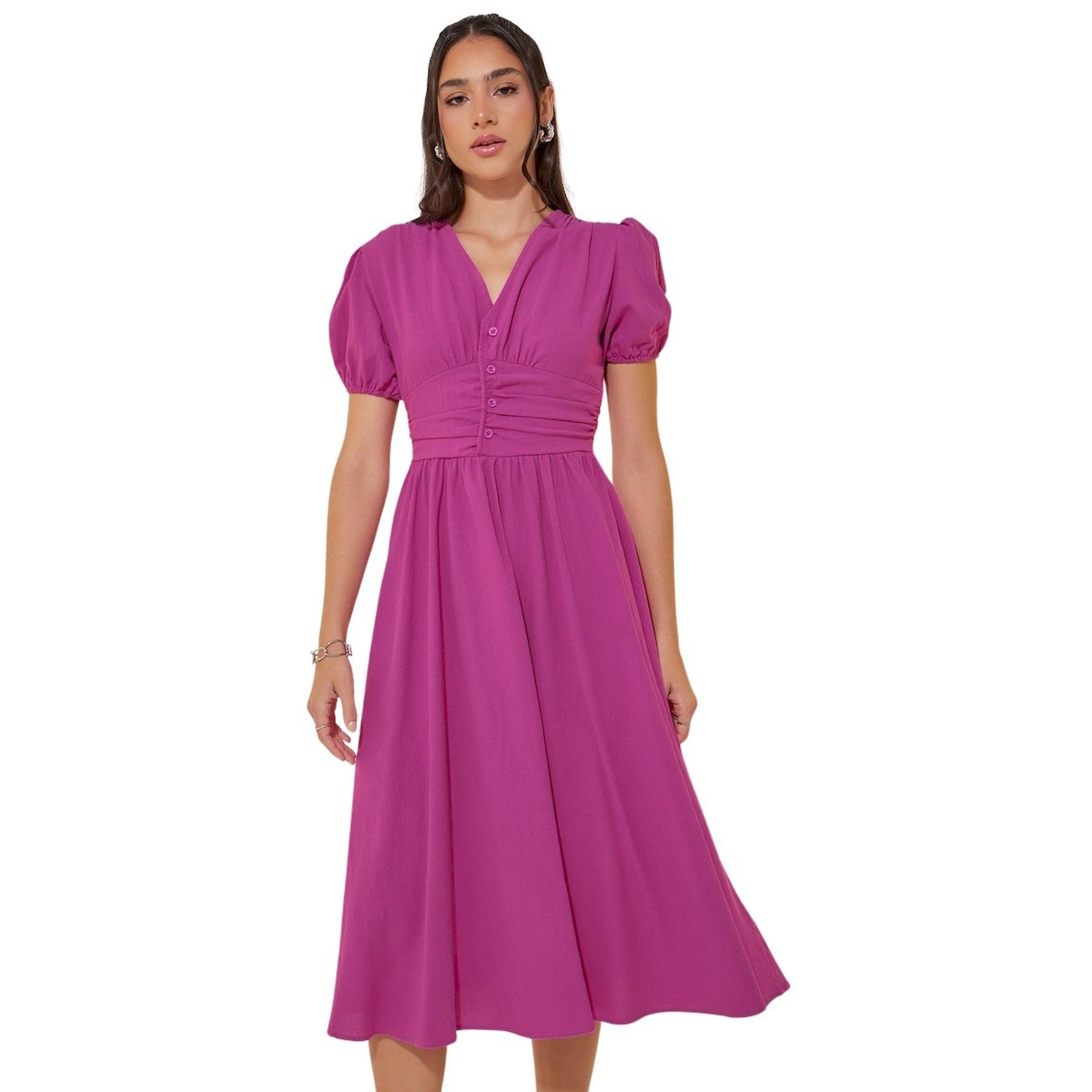 ستايلي -  فستان متوسط الطول بأكمام منتفخة وفتحة رقبة V-women-clothing-dresses-image-3