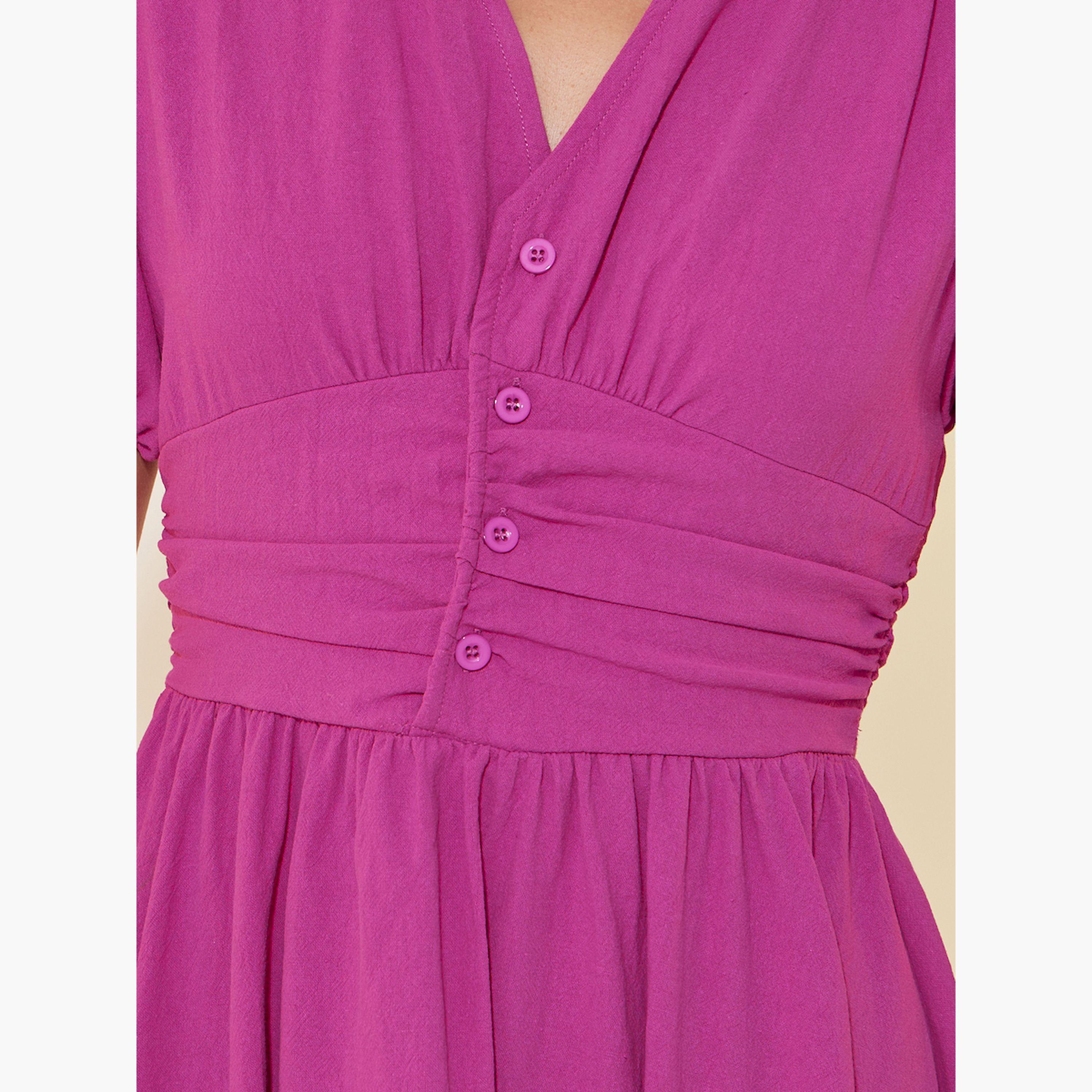 ستايلي -  فستان متوسط الطول بأكمام منتفخة وفتحة رقبة V-women-clothing-dresses-image-4