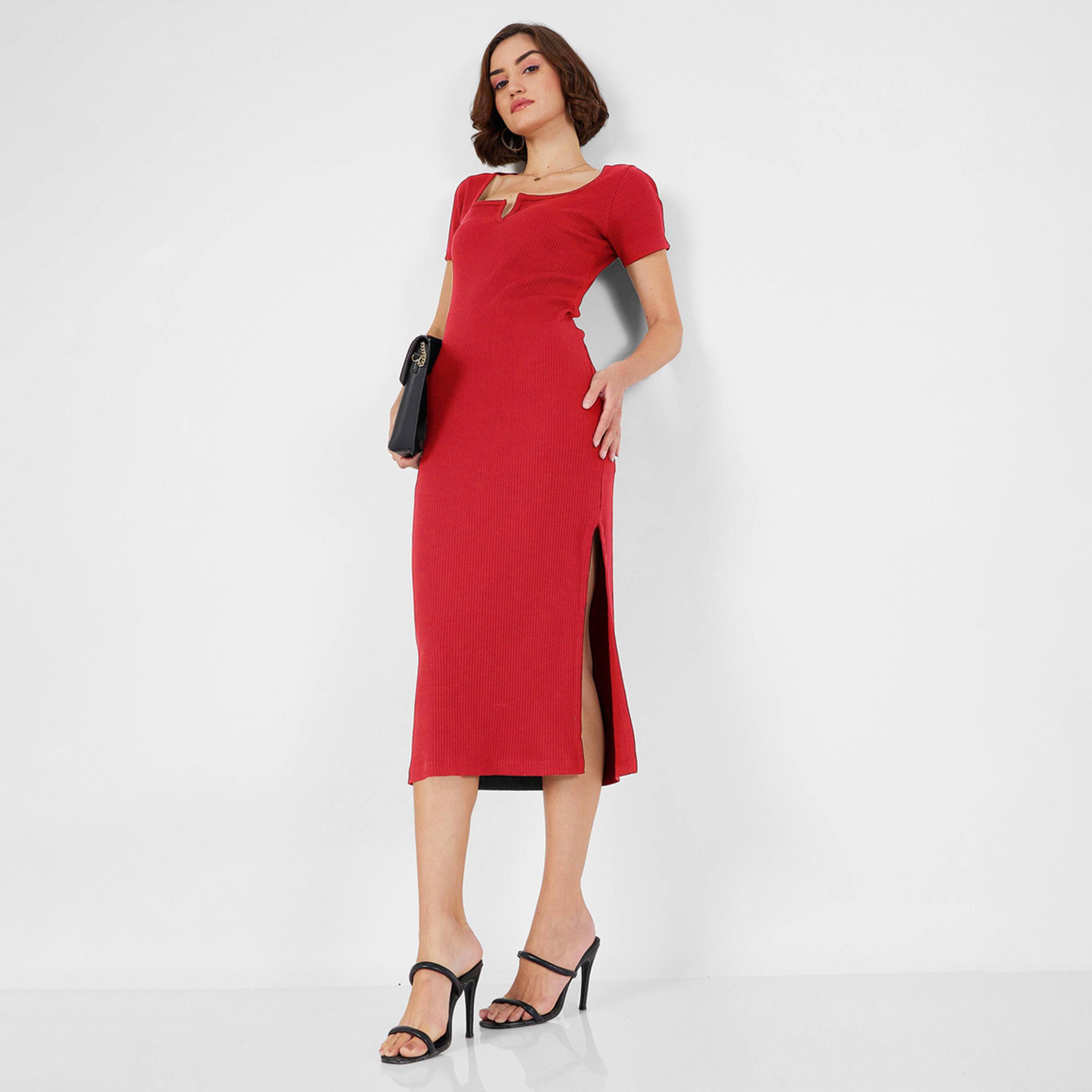 ساسافراس × ستايلي - فستان مضلع ضيق متوسط الطول بفتحة رقبة صغيرة-women-clothing-dresses-image-1