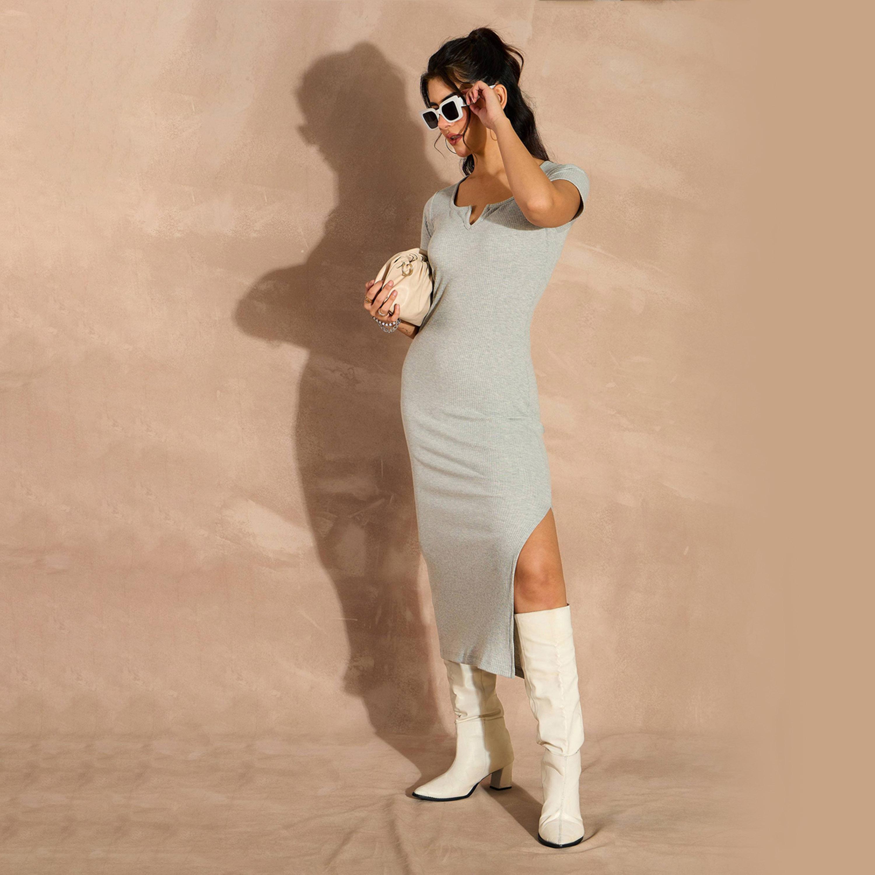 ساسافراس × ستايلي - فستان ضيق متوسط الطول بفتحة رقبة مضلعة من مزيج الألوان-women-clothing-dresses-image-1