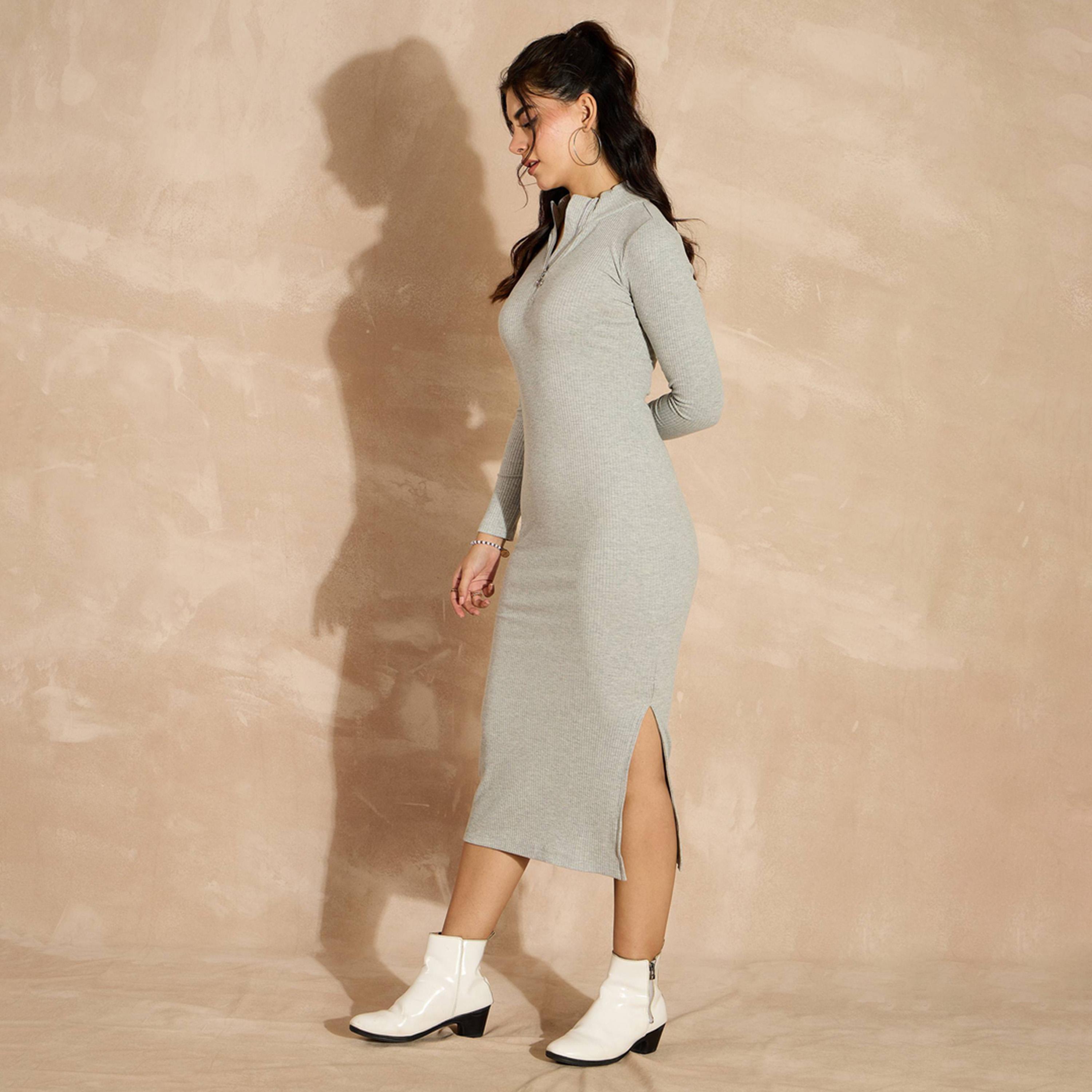 Sassafras X Styli Rib High Neck Front Zipper Midi Dress-women-clothing-dresses-image-2