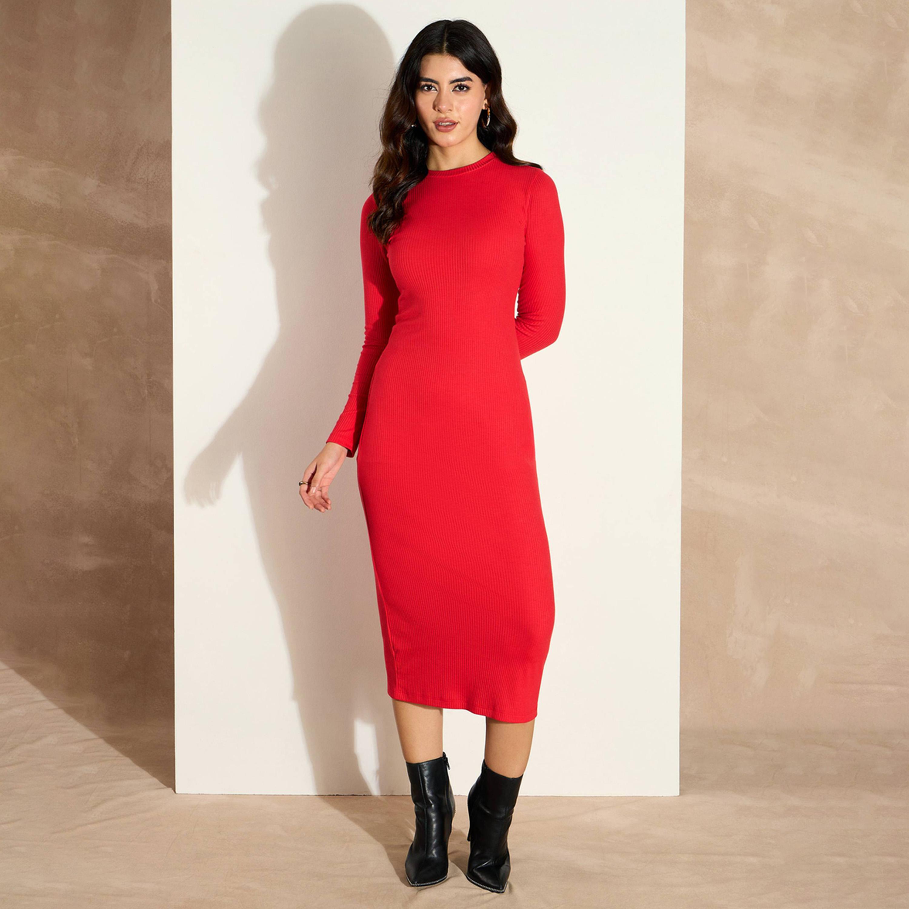 ساسافراس × ستايلي - فستان مضلع متوسط الطول بقصة ضيقة وأكمام طويلة-women-clothing-dresses-image-1