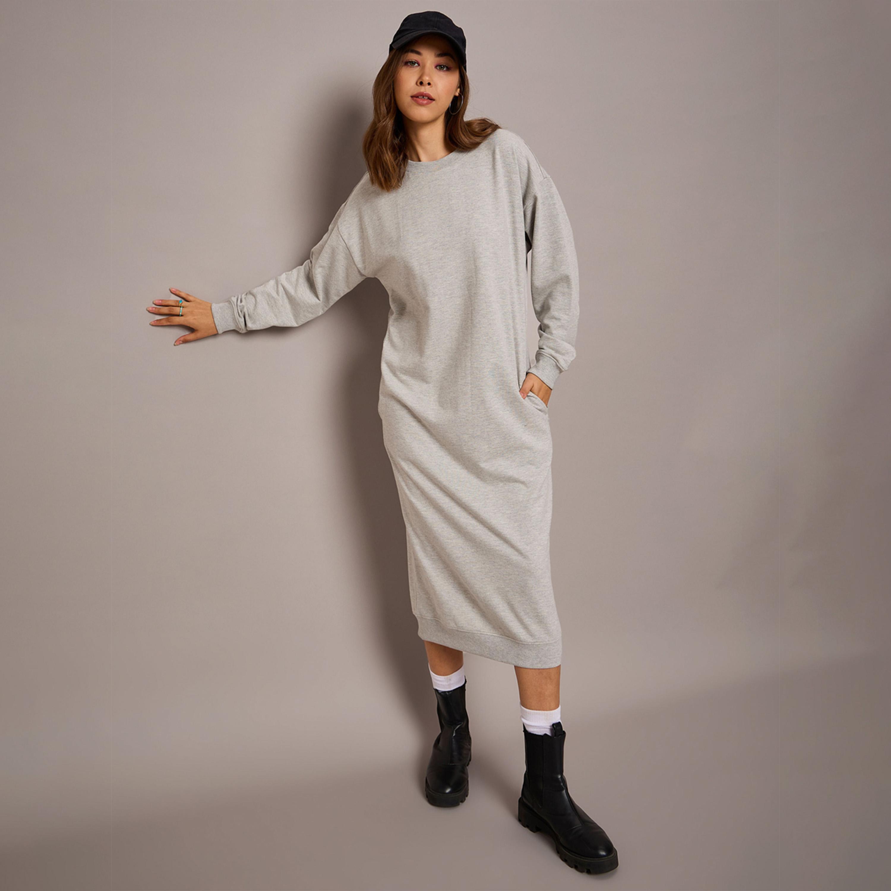 ساسافراس × ستايلي - فستان سويتر متوسط الطول من قماش تيري - رمادي موشح-women-clothing-dresses-image-1