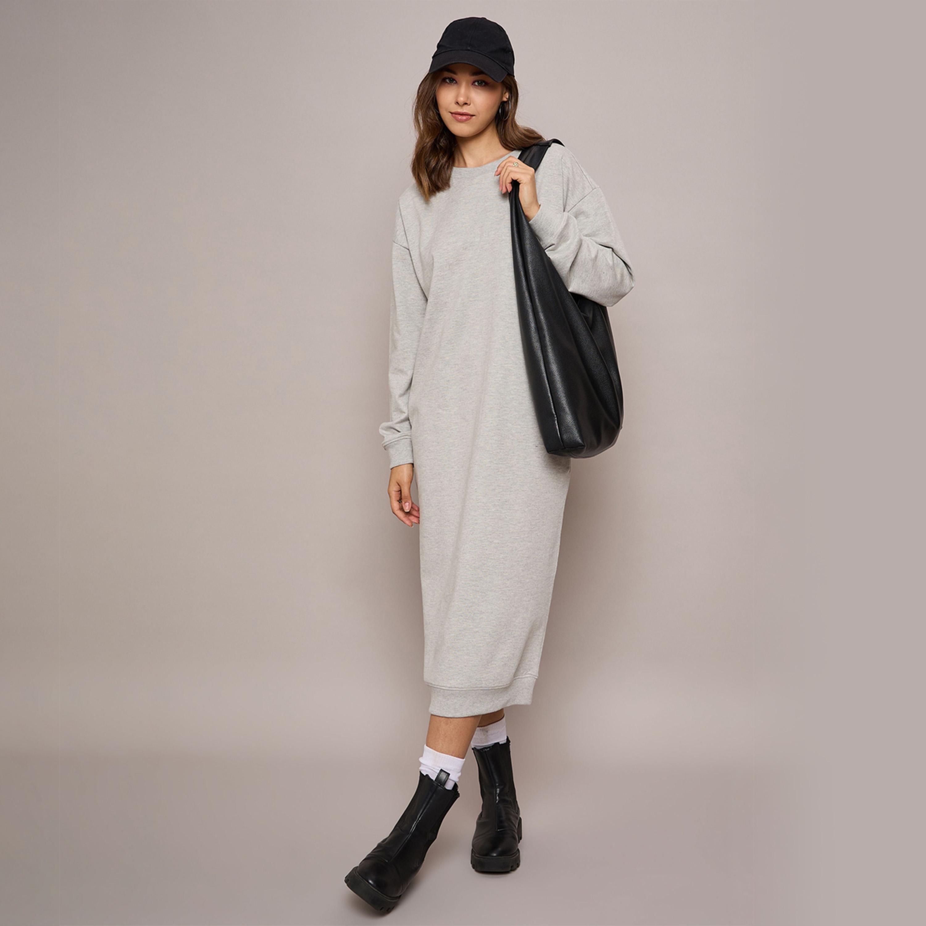 ساسافراس × ستايلي - فستان سويتر متوسط الطول من قماش تيري - رمادي موشح-women-clothing-dresses-image-2