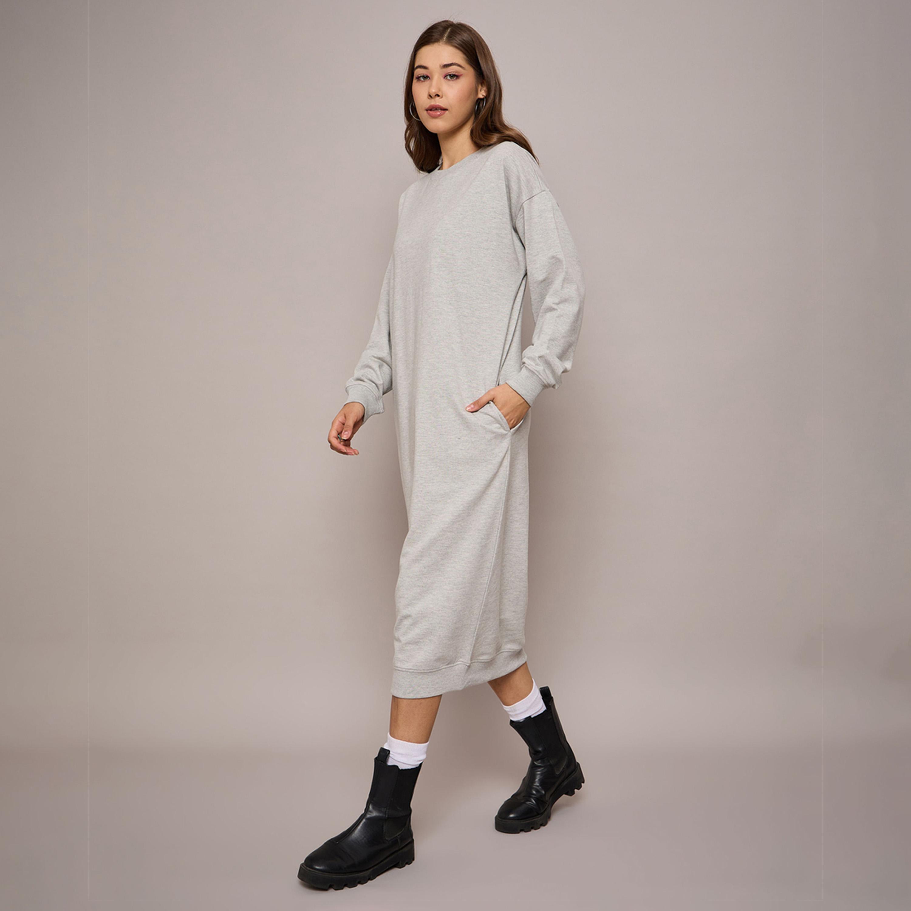 ساسافراس × ستايلي - فستان سويتر متوسط الطول من قماش تيري - رمادي موشح-women-clothing-dresses-image-3
